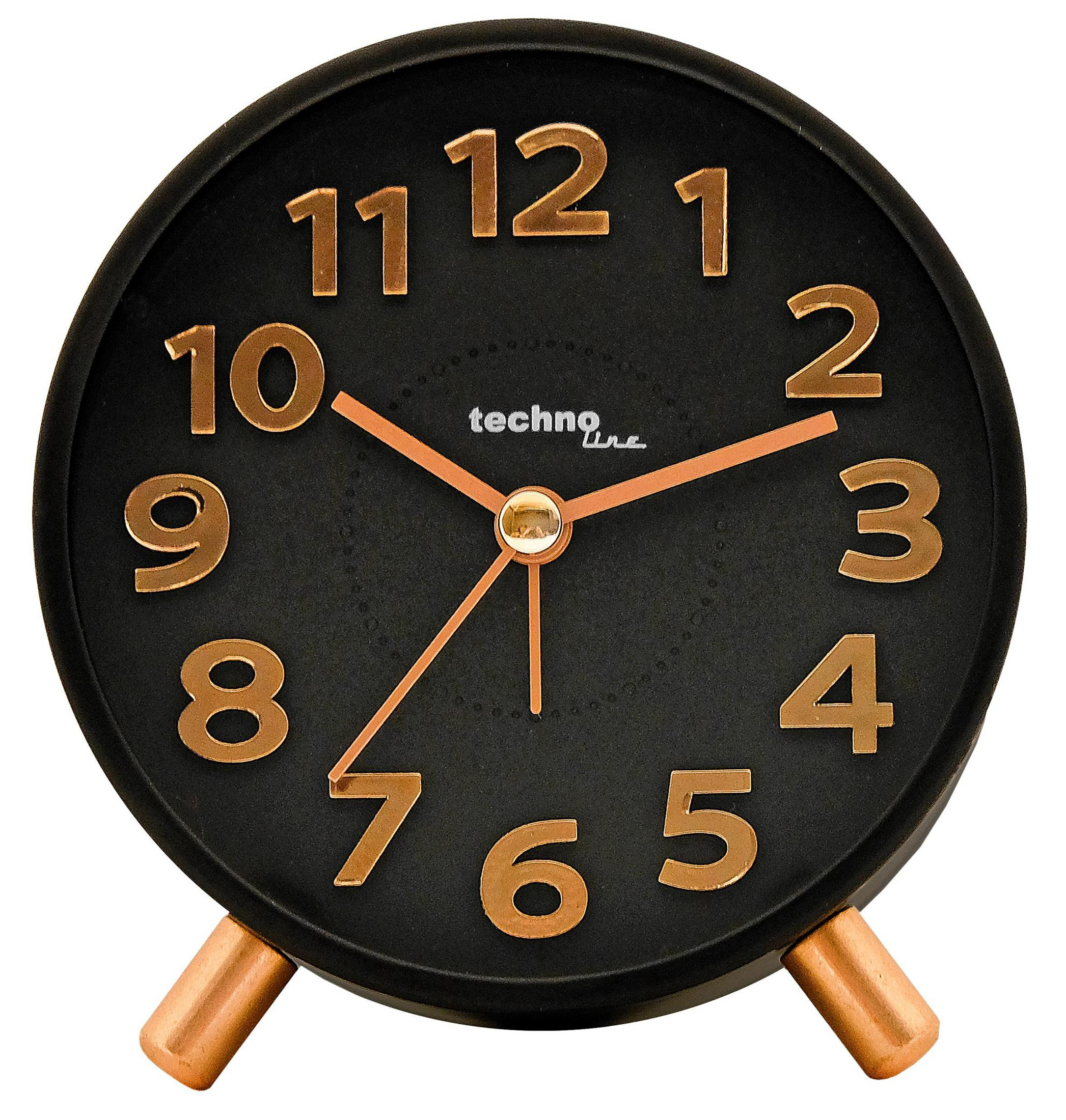 Réveil Techno Line noir avec chiffres et aiguilles dorés.