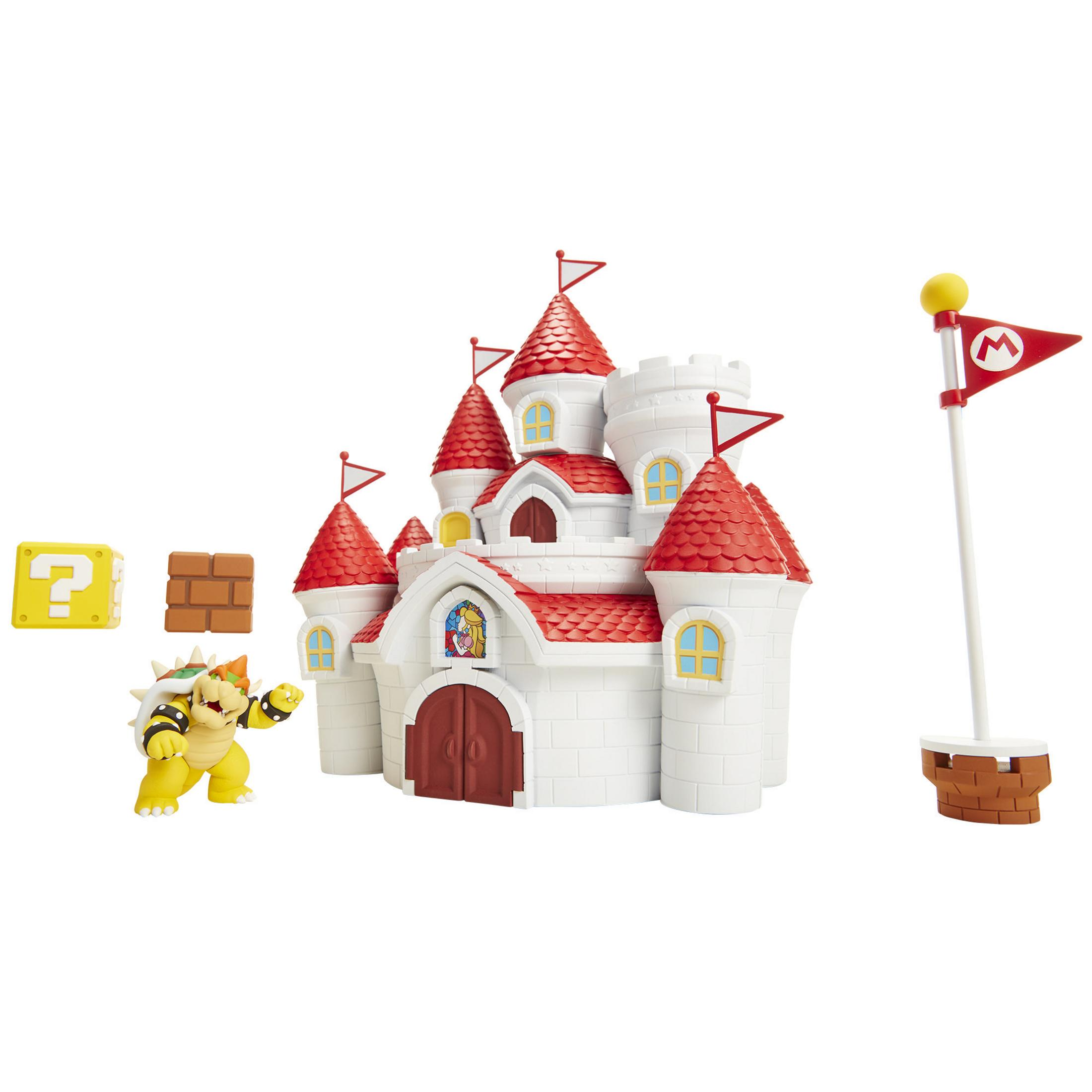 Mario-Schloss-Set mit Bowser, Fragezeichen und Flagge, weißer Hintergrund.