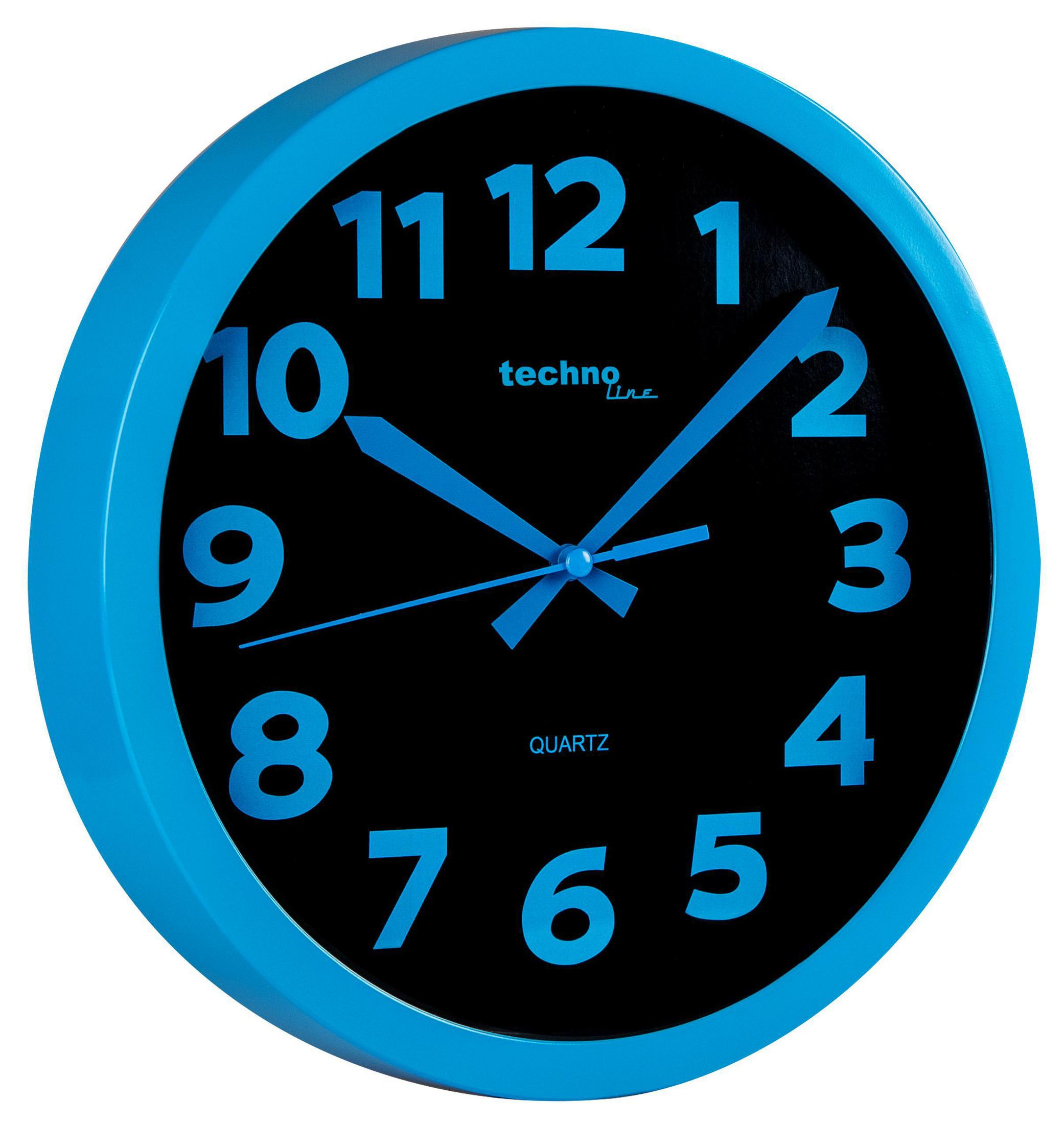 Blau umrahmte Uhr mit schwarzem Zifferblatt, weißen Zahlen und blauen Zeigern.