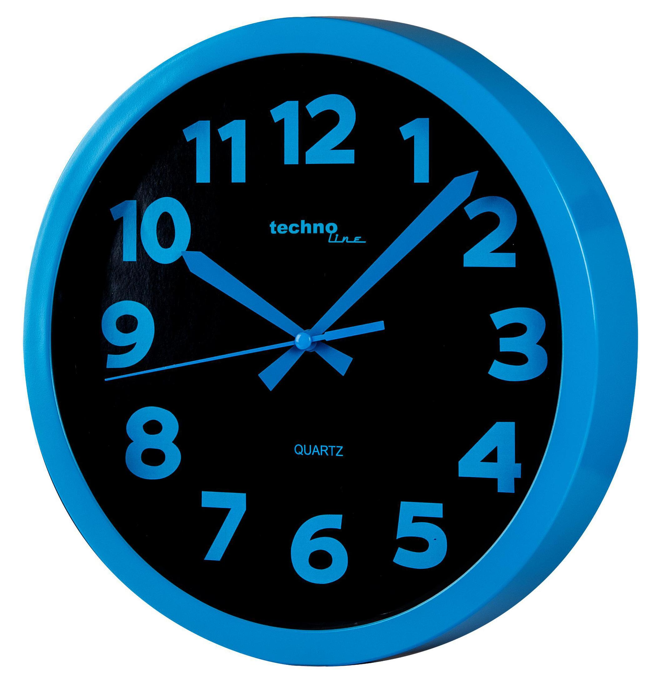 Blau gerahmte Uhr mit schwarzem Zifferblatt, blauen Zahlen und Zeigern. Techno Line Text sichtbar.