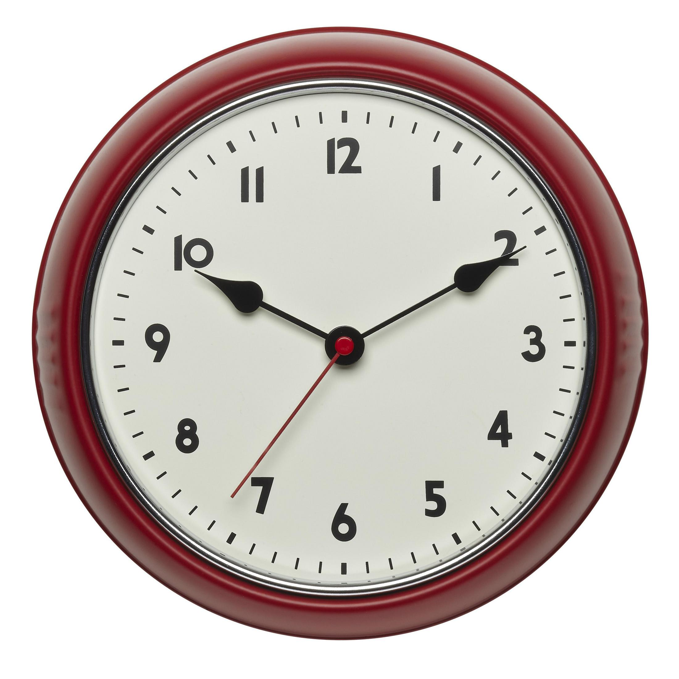Rote runde Uhr mit weißem Zifferblatt, schwarzen Zeigern und Zahlen.
