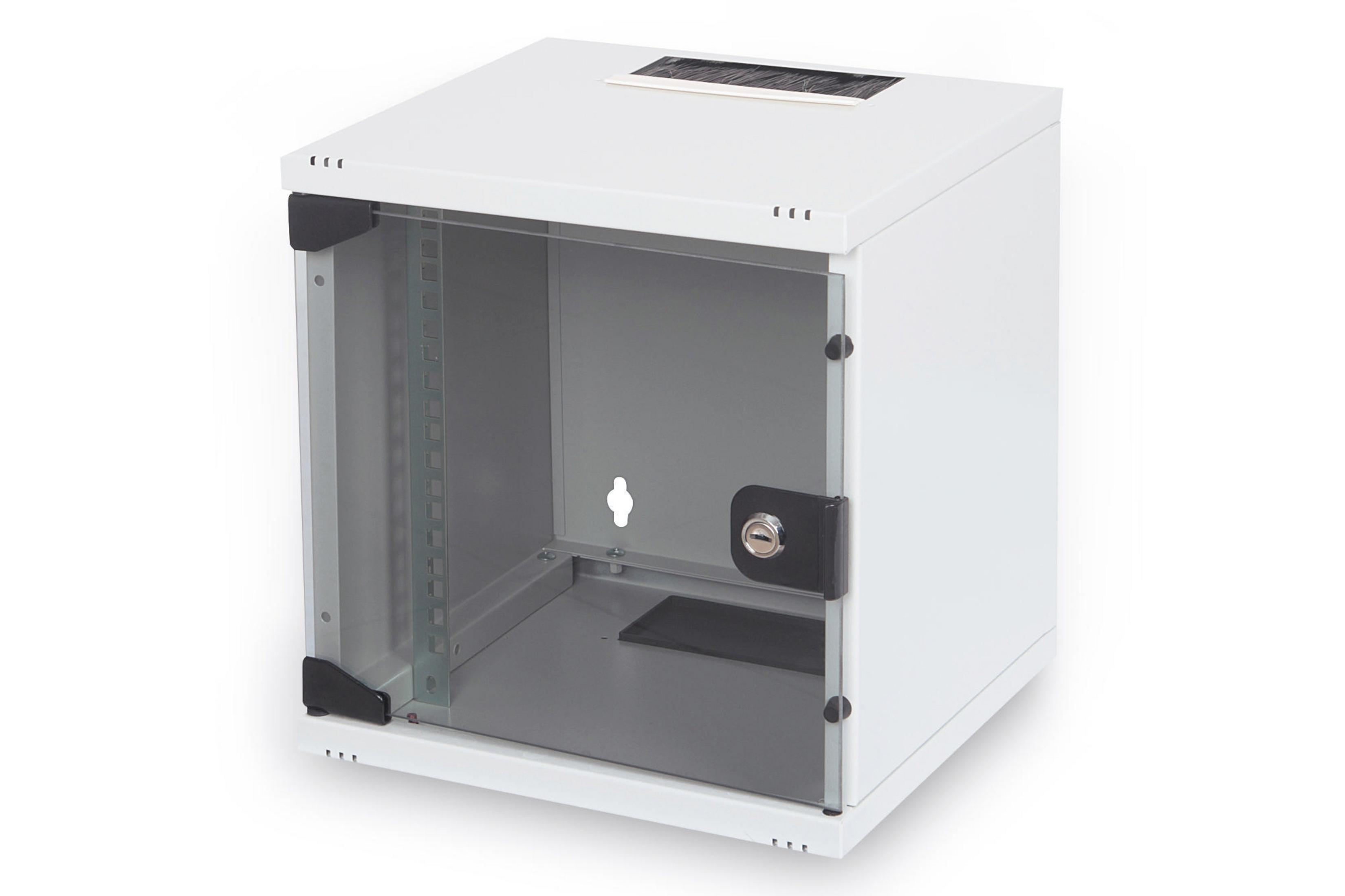 Weißer Metall-Serverrack-Schrank mit Glastür, Schloss und Lüftungsschlitzen oben.