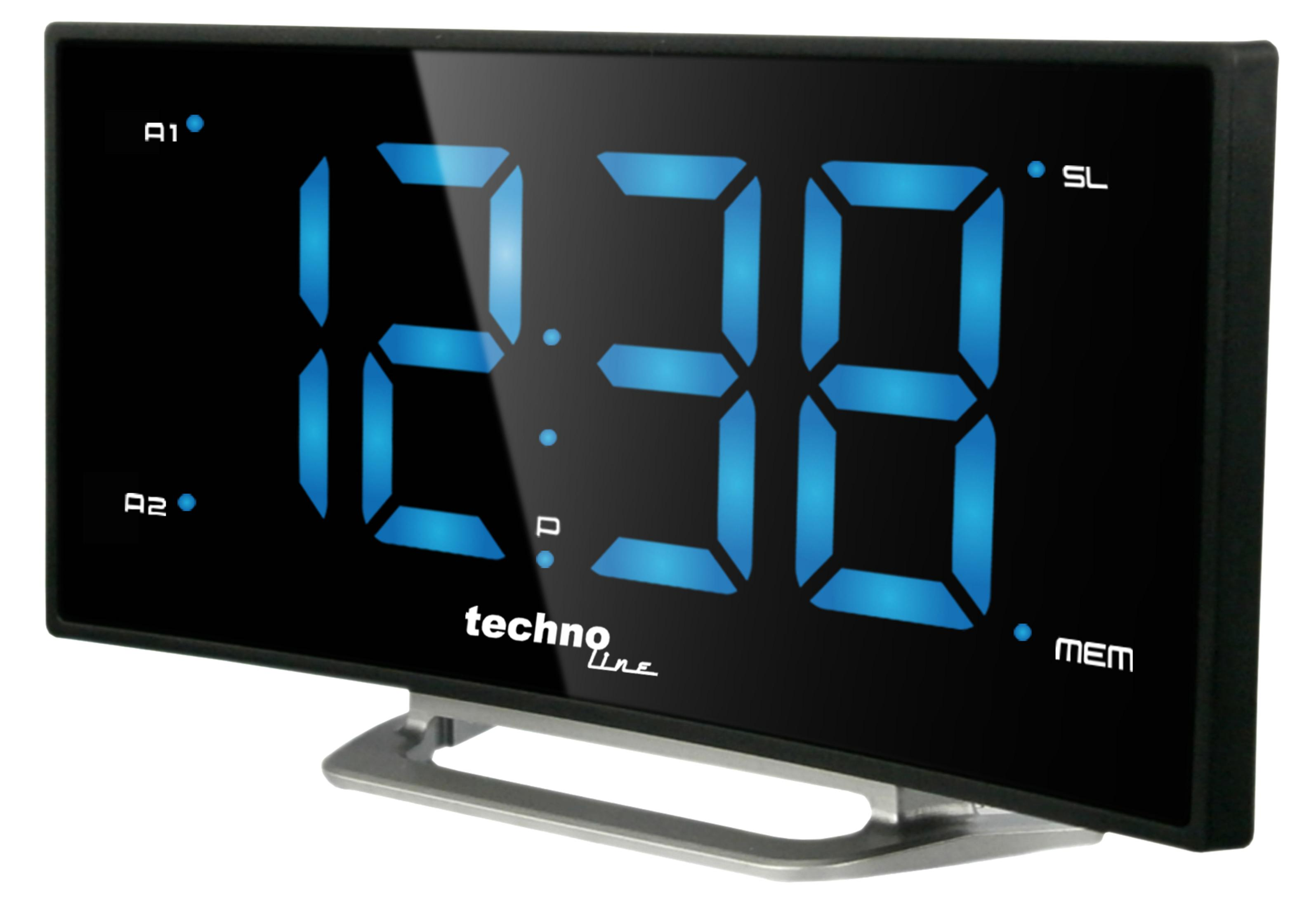 Blaue Ziffern auf einer schwarzen Digitaluhr.