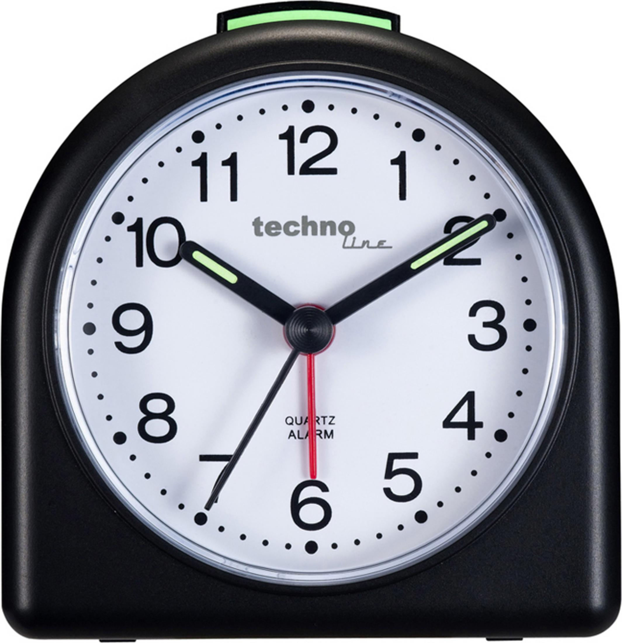 Schwarzer digitaler Wecker mit weißem Zifferblatt, schwarzen Zeigern und rotem Sekundenzeiger. Techno Line.