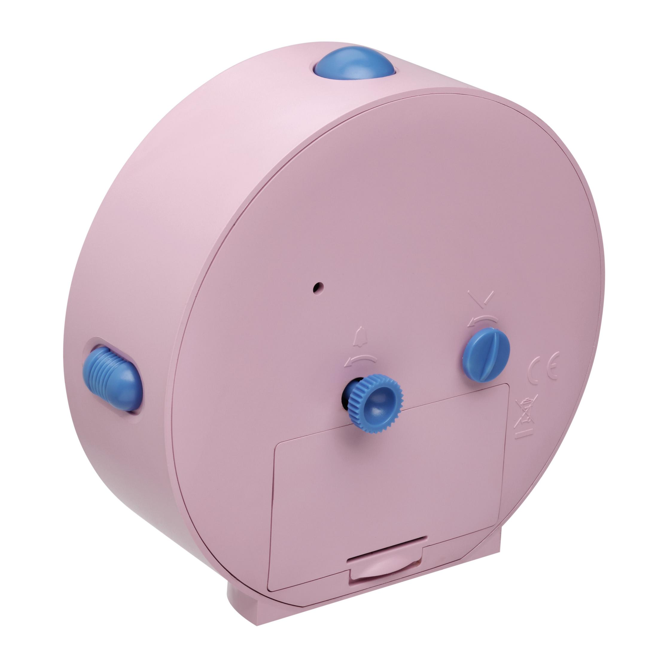 Ein rosa runder Wecker mit blauen Knöpfen.