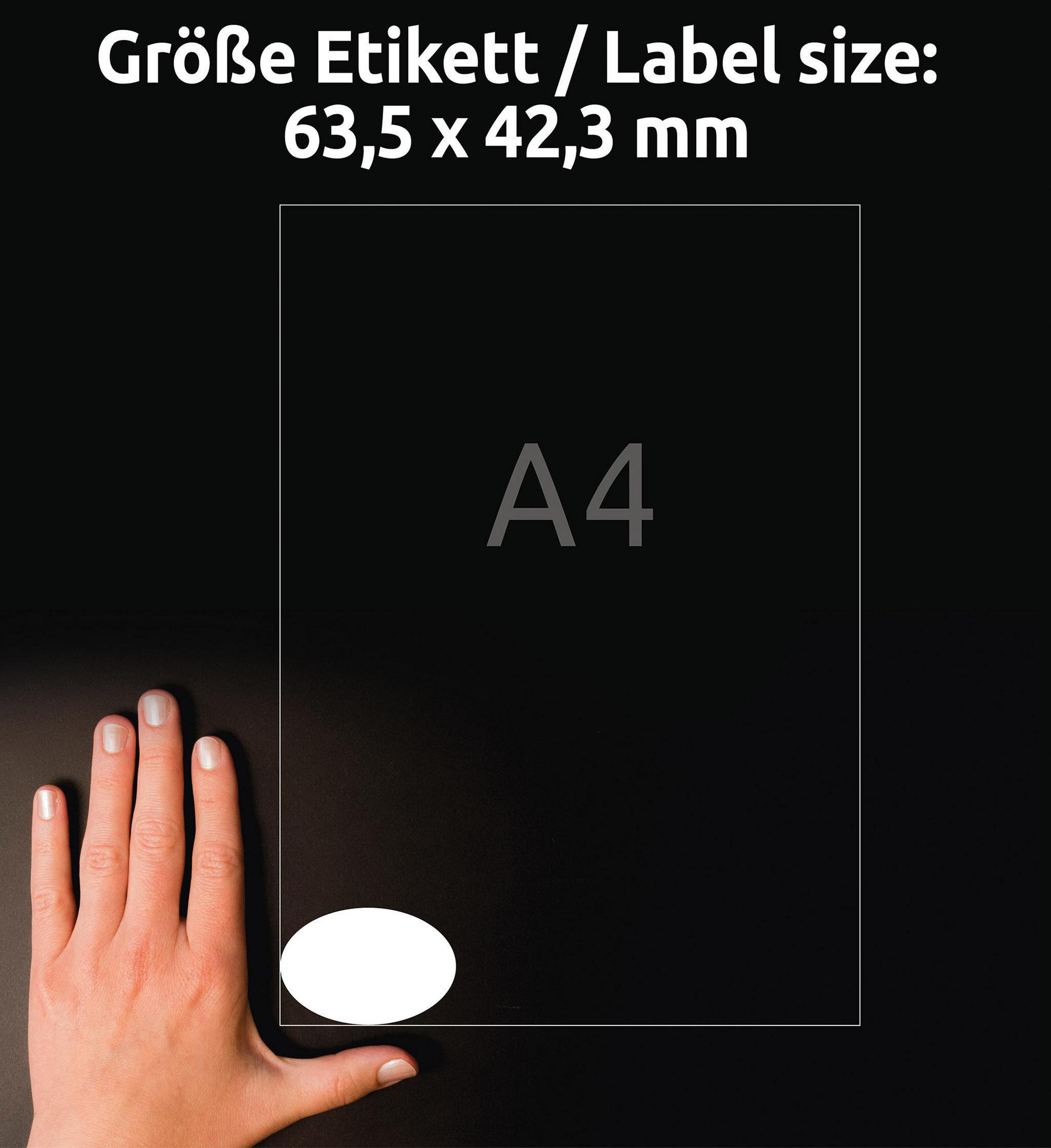 Hand hält A4-Papier neben ovalem Aufkleber, Größeninfo.