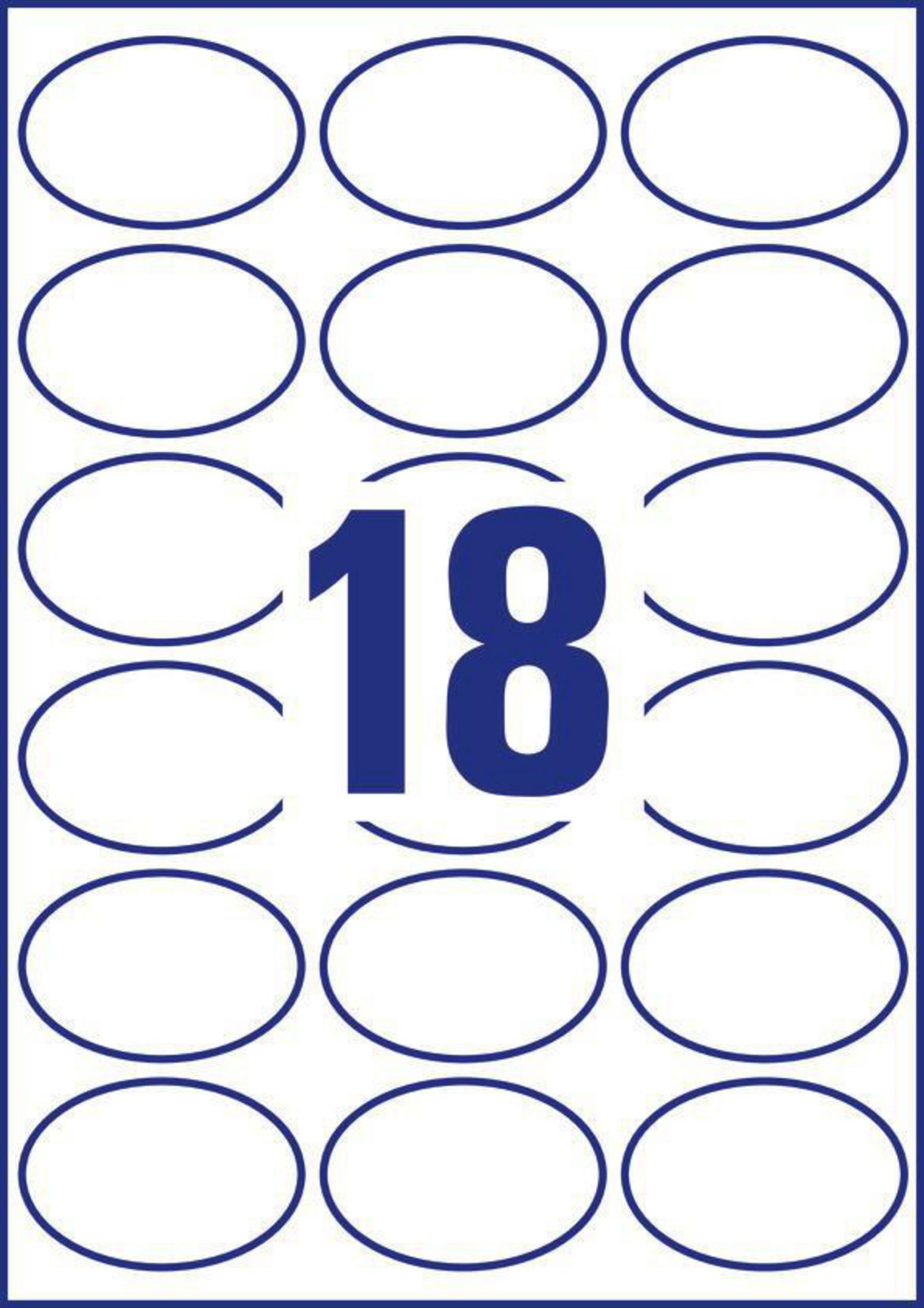 Ein Blatt Etiketten mit blauen Umrissen, mit der Zahl 18 in der Mitte.