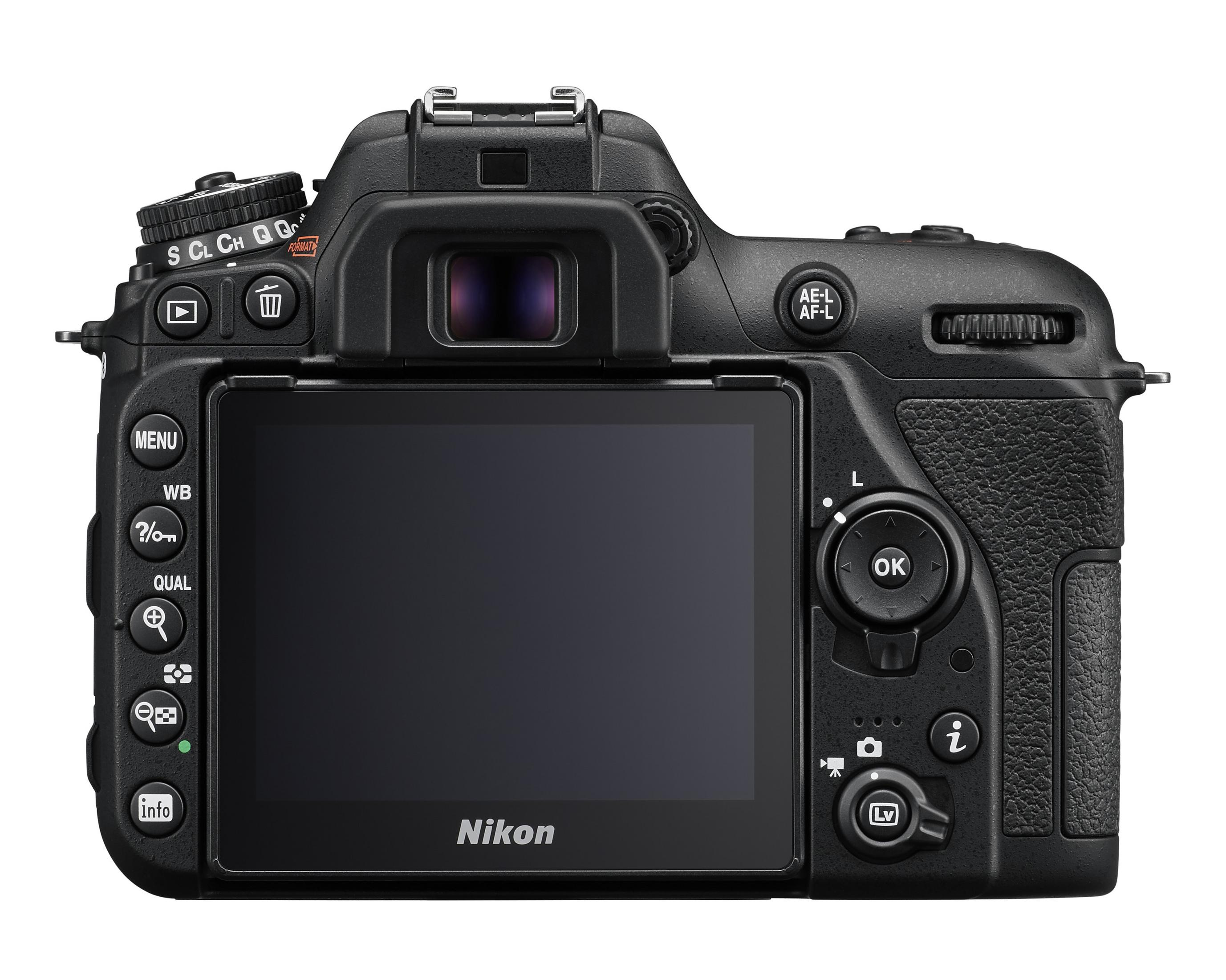 Schwarze DSLR-Kamera, Rückansicht mit offenem Bildschirm.