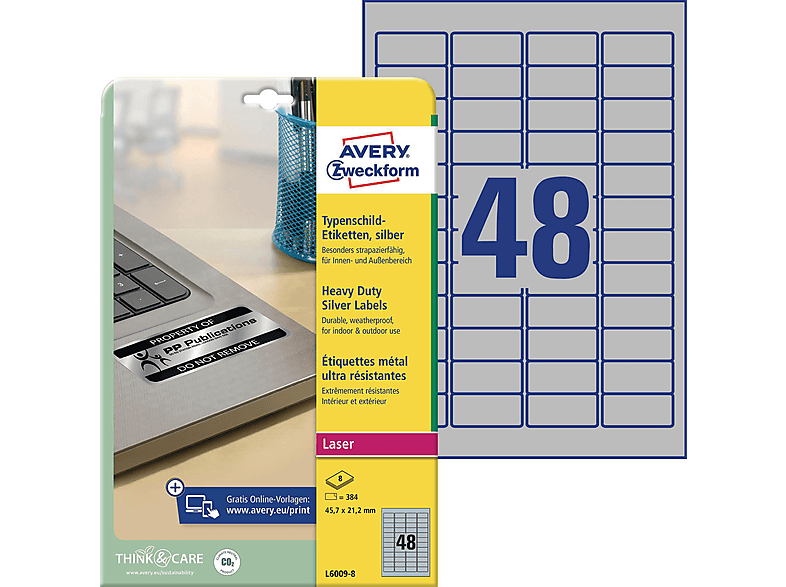 AVERY ZWECKFORM L6009-8 TYPENSCHILD-ETIKETTEN 45,7X21,2 SILB 8BL Etiketten 210 x 297 mm 45.7 x 21.2 mm mm A4 Inhalt: 384 Etiketten / 8 Bogen | Papier, Etiketten & Folien