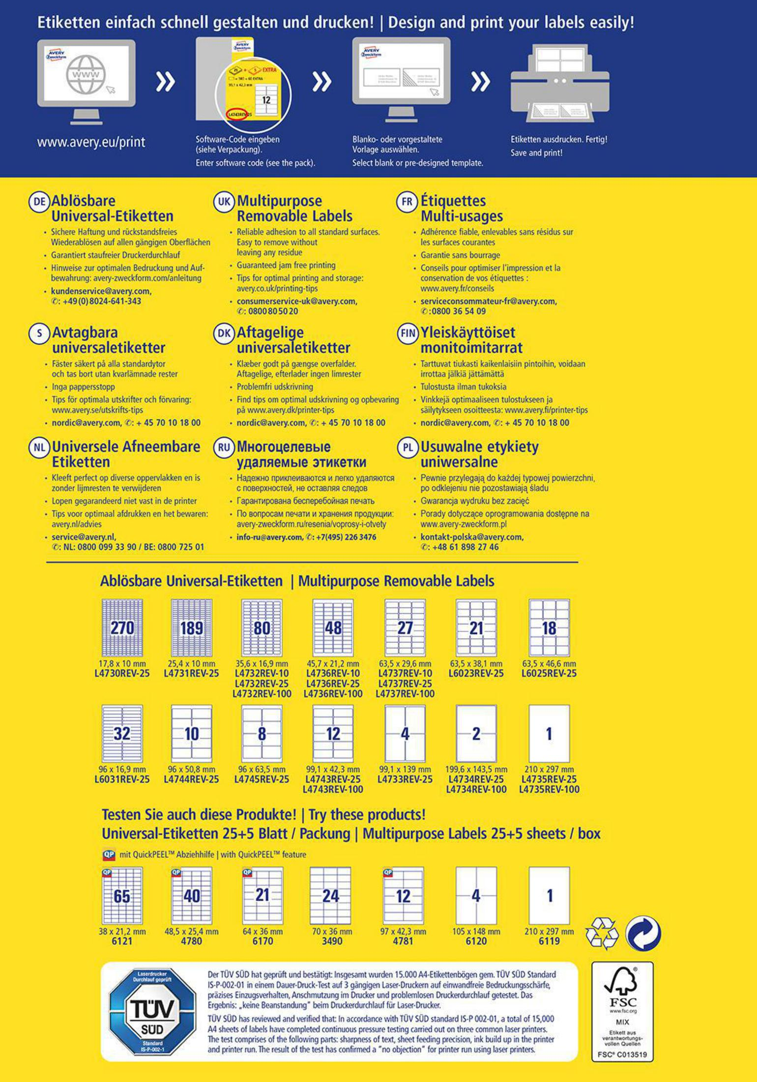 Avery Etiketten-Informationsblatt mit verschiedenen Etikettendesigns und Beschreibungen.