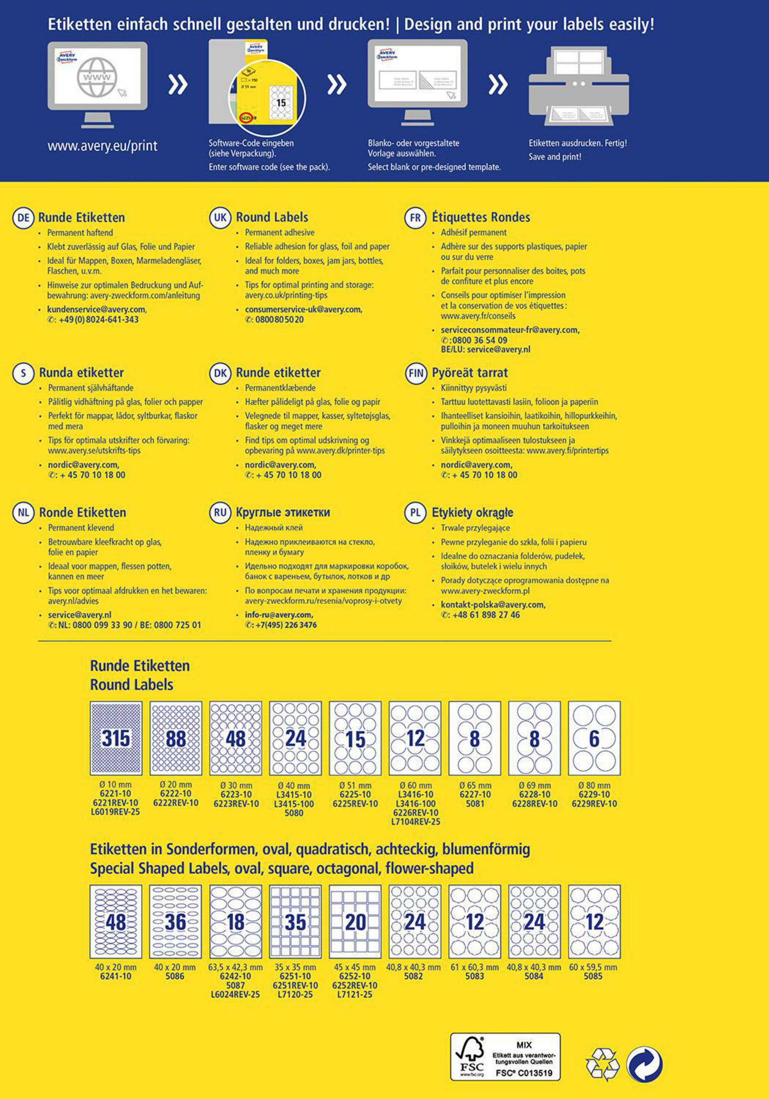 Bedruckte Seite mit runden Etiketten und Text in mehreren Sprachen. Enthält Informationen über runde Etiketten usw.