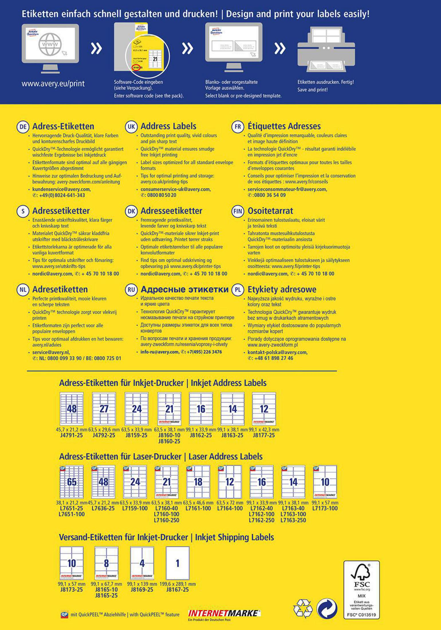 Eine gedruckte Seite mit Etikettendesigns und Informationen in mehreren Sprachen.