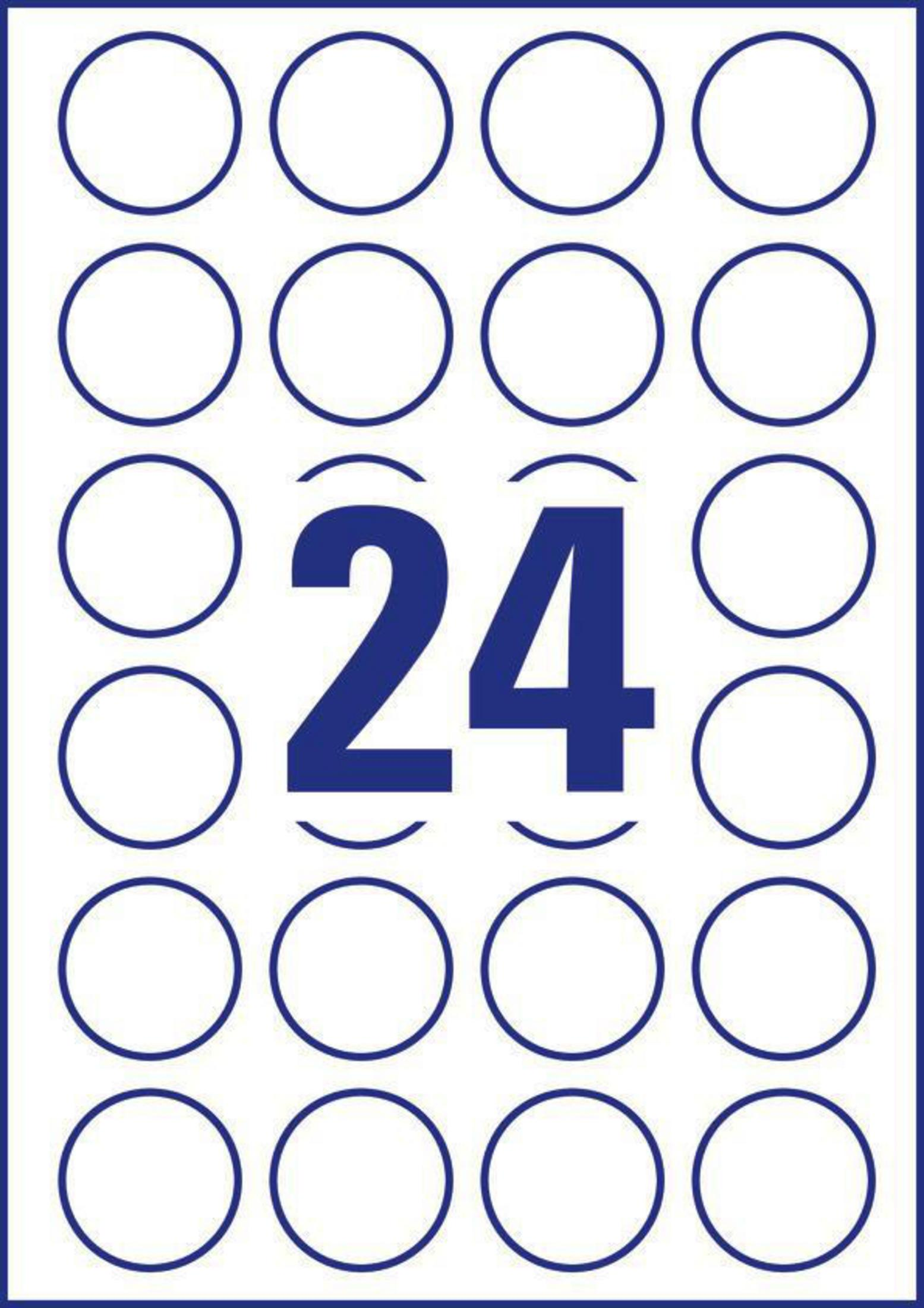 Blatt mit 24 weißen runden Etiketten, mit großem blauen '24'.