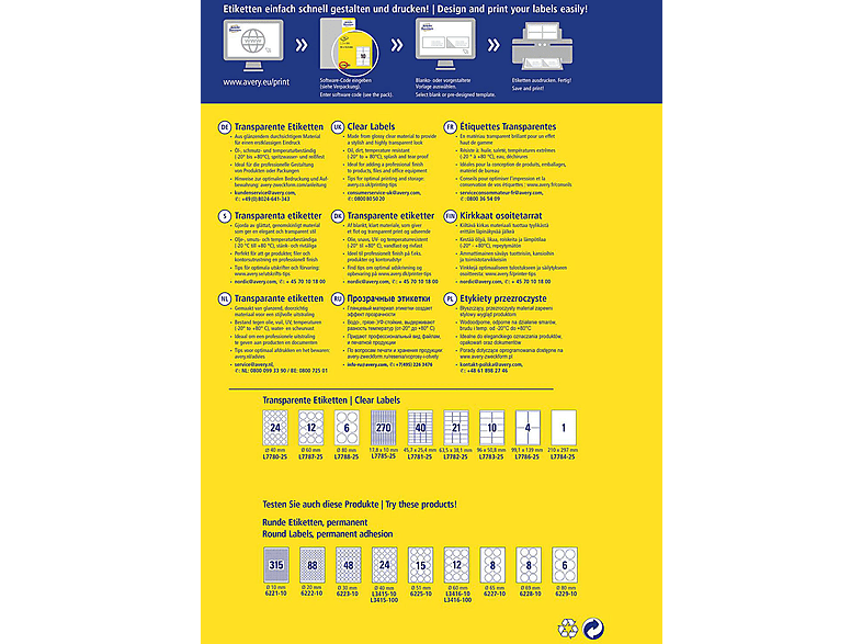 / Etiketten Inhalt: CLEAR CRYSTAL ZWECKFORM x Etiketten A4 25 Transparente x 210 25 ETIKETTEN mm AVERY mm 297 Bogen 210 L7784-25 mm 297 210X297MM