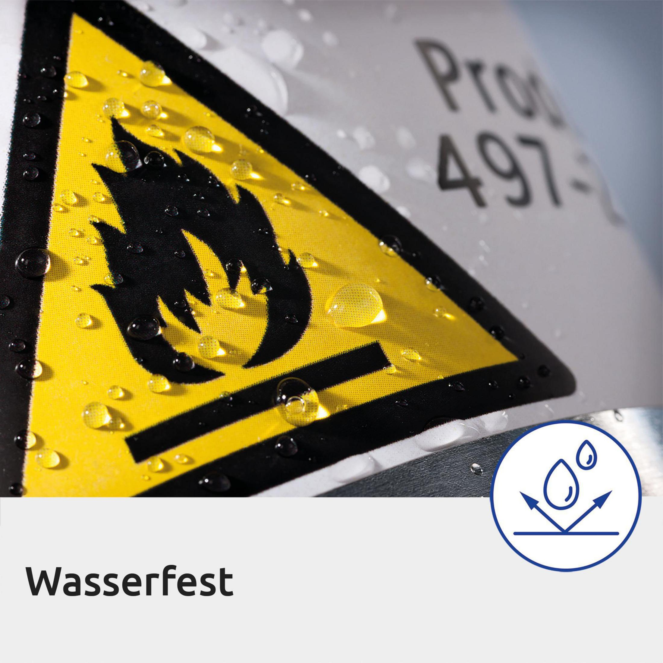 Nahaufnahme eines gelben Gefahrenzeichens mit Wassertropfen und einem wasserdichten Symbol.