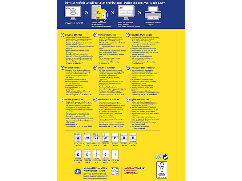 ZWECKFORM 10 6125 Bogen x / 210 210X297MM Universal-Etiketten ETIKETT 297 10BL. 10 mm INKJETLASERCOPY 297 mm A4 x AVERY Inhalt: Etiketten mm 210