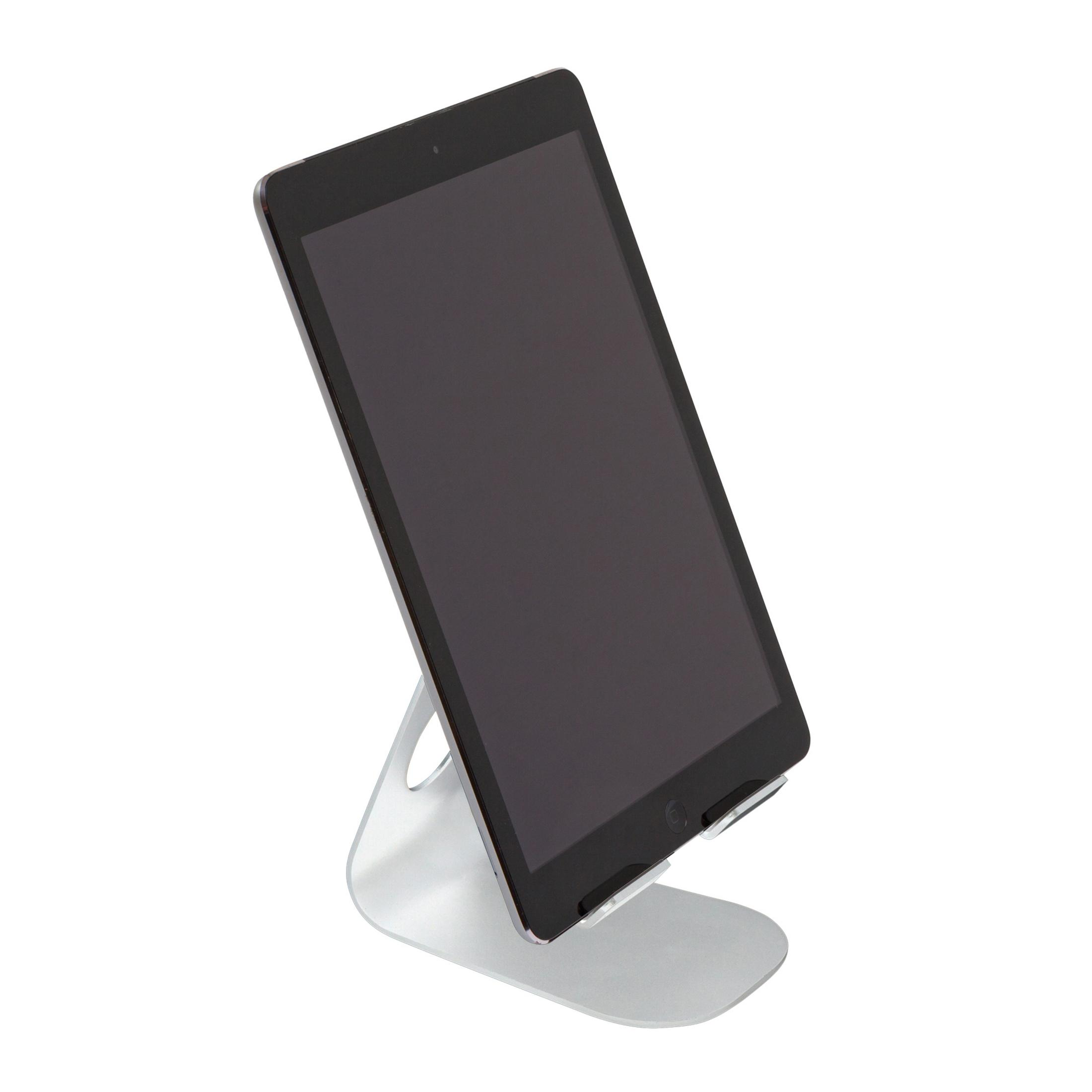 Tablet auf einem silbernen Ständer. Das Tablet ist schwarz, und der Bildschirm ist leer. Weißer Hintergrund.