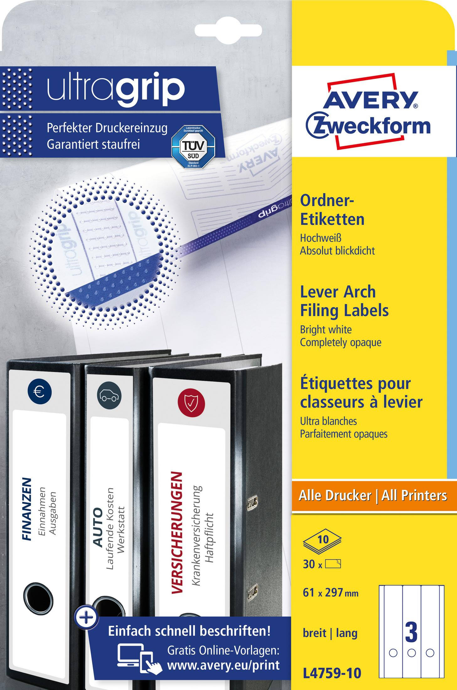 Packung Avery-Ordneretiketten mit Ordnerbildern und Text.
