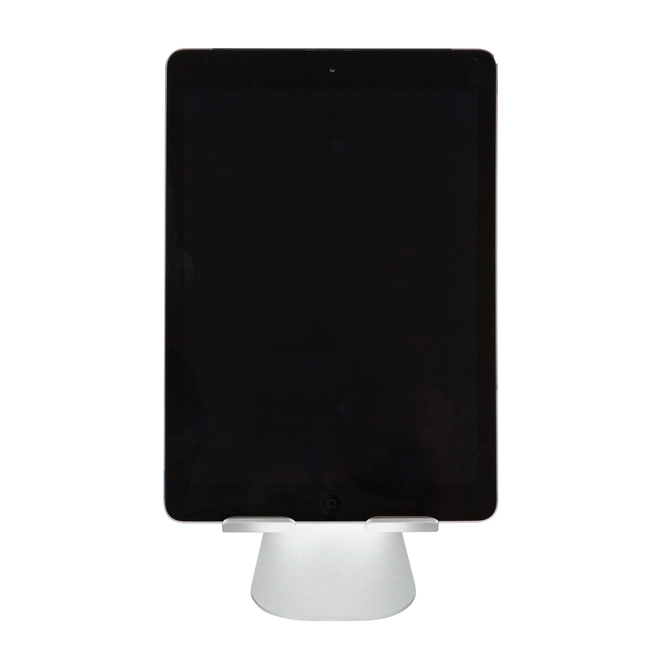 Ein iPad auf einem silbernen Ständer. Der Bildschirm ist schwarz und der Ständer weiß.