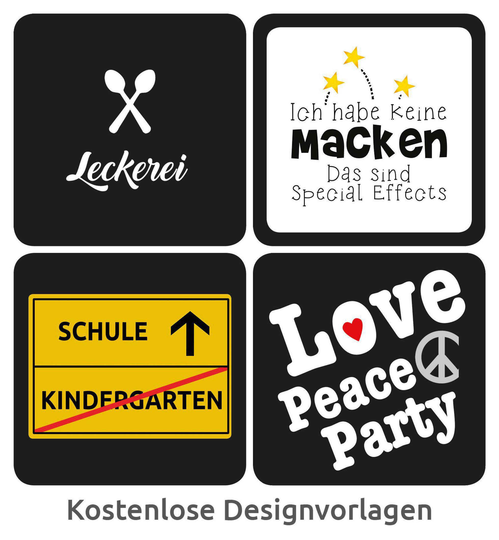 Vier schwarz-weiße quadratische Aufkleber. Sie haben Text: 'Leckerei', 'Macke', 'Schule', 'Kindergarten', 'Love'.
