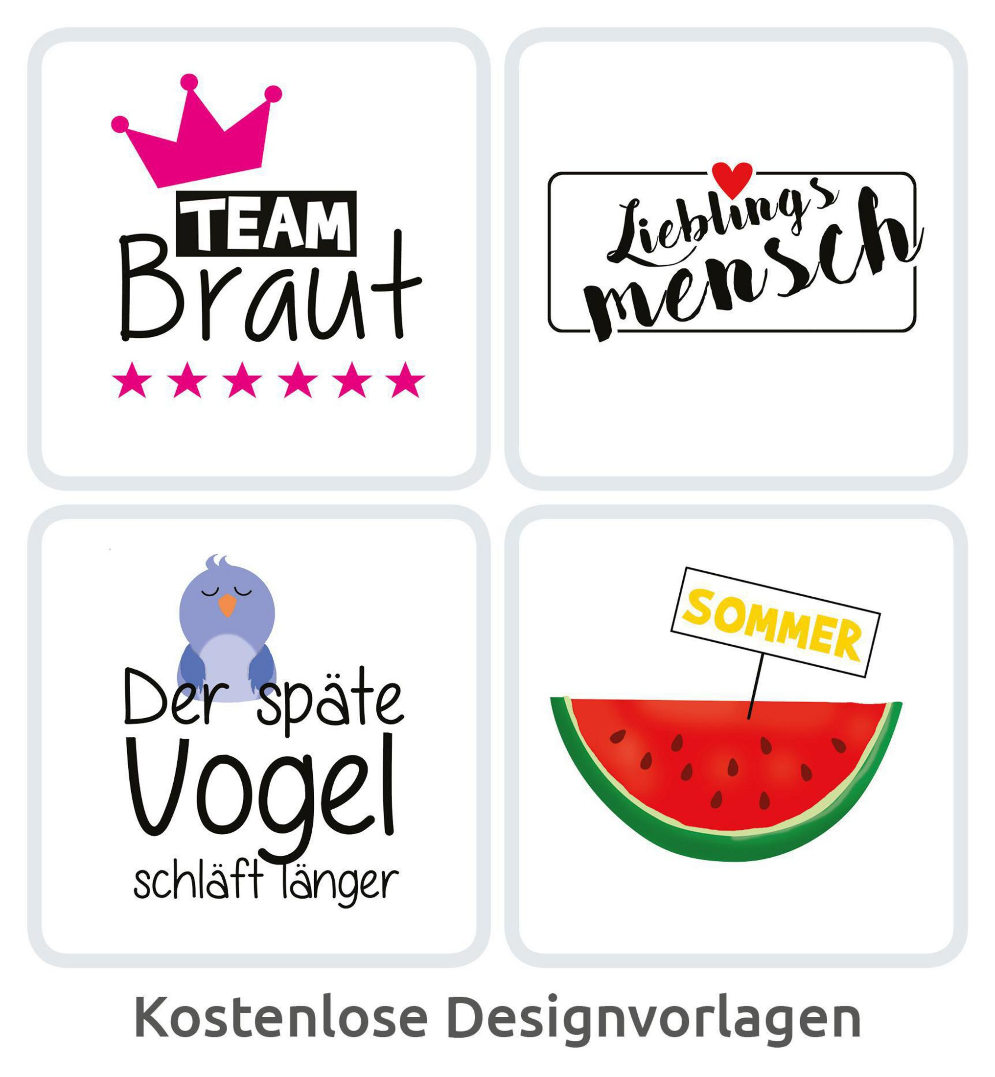 Vier Karten mit Texten und Bildern. Designs umfassen eine Krone, ein Herz, einen Vogel und eine Wassermelone.