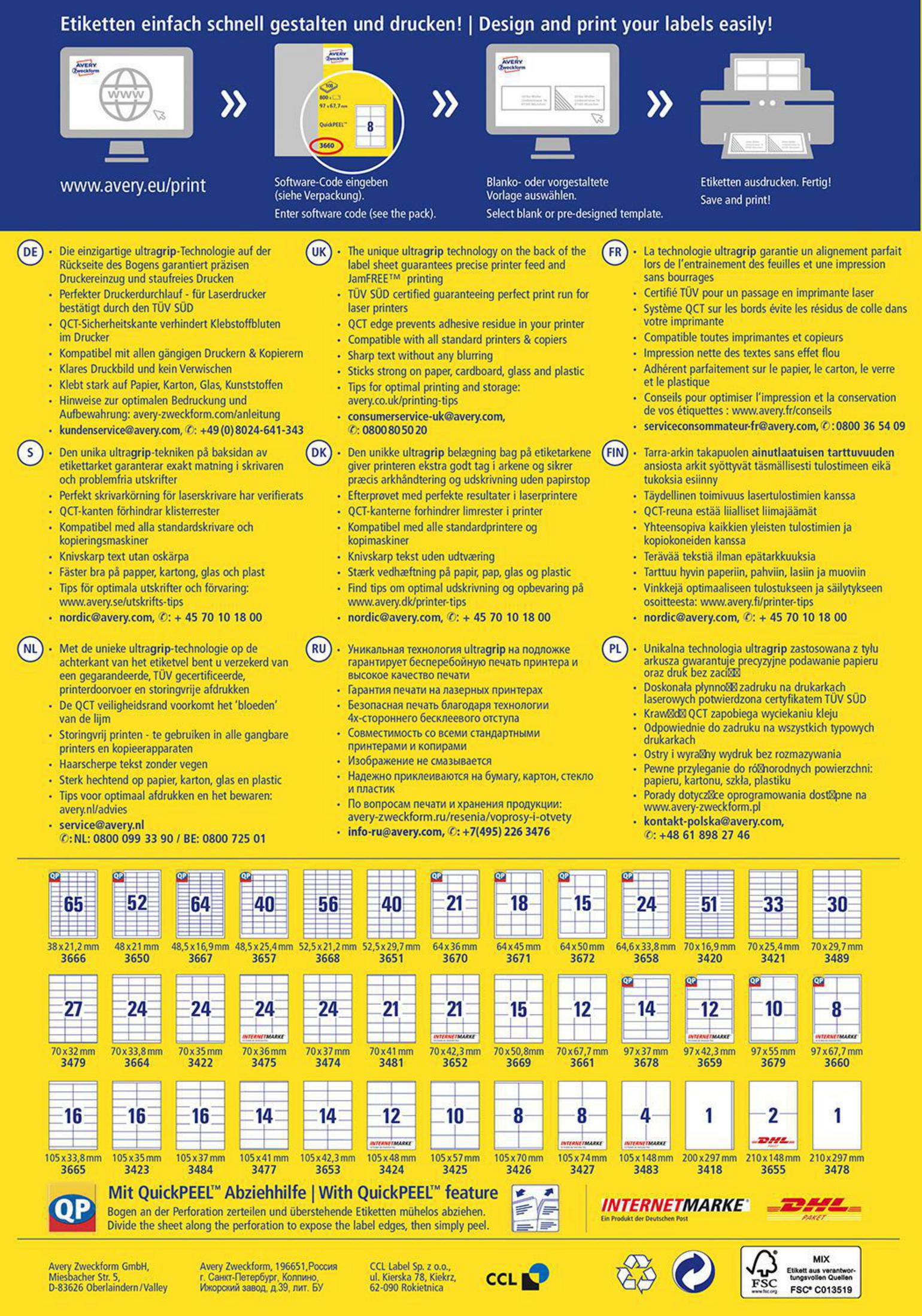 Avery Etikettenbogen. Text und Diagramme, die Etikettendruckanweisungen zeigen.
