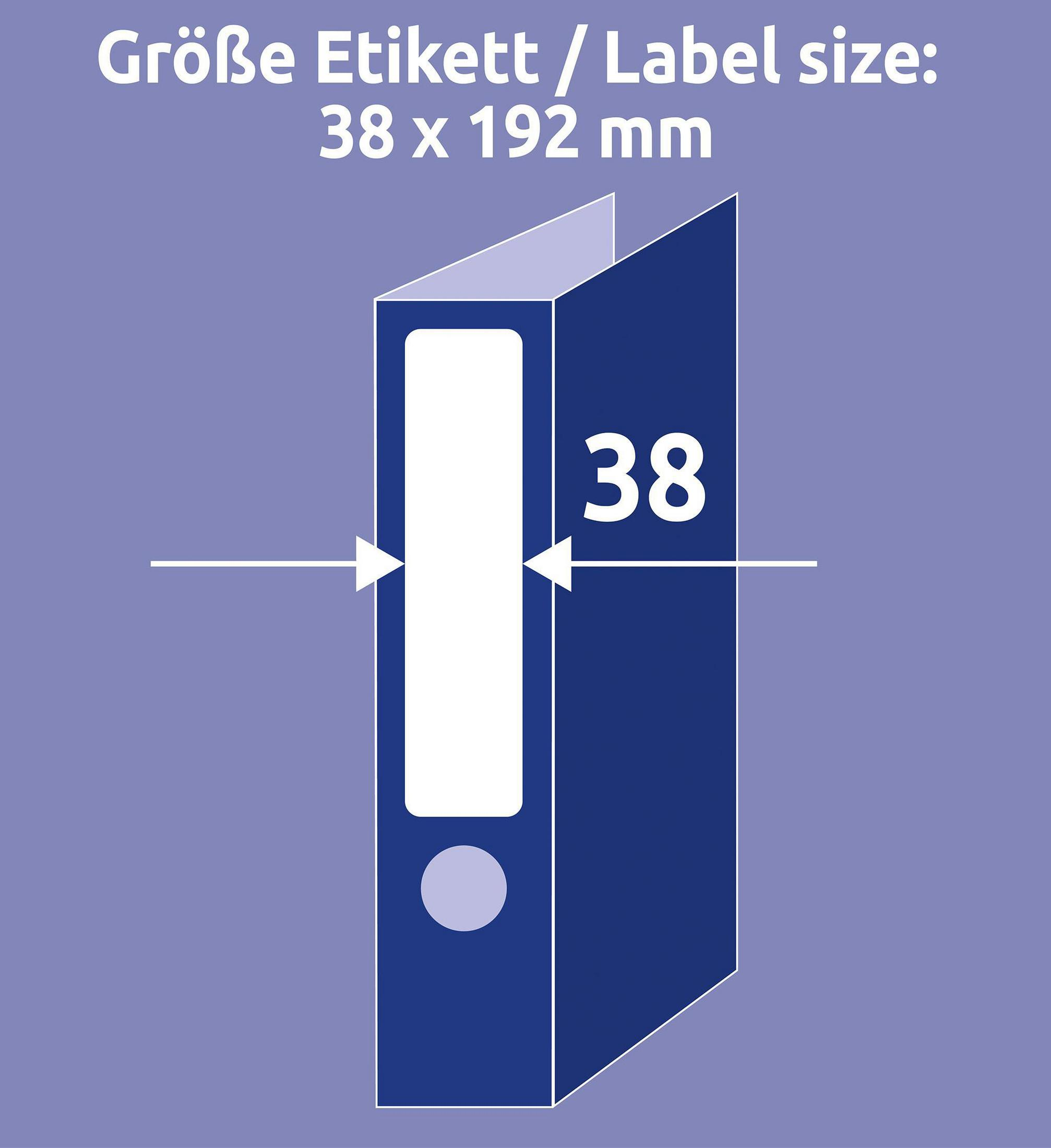 Blauer Ordner mit Text, 'Labelgröße: 38 x 192 mm'.