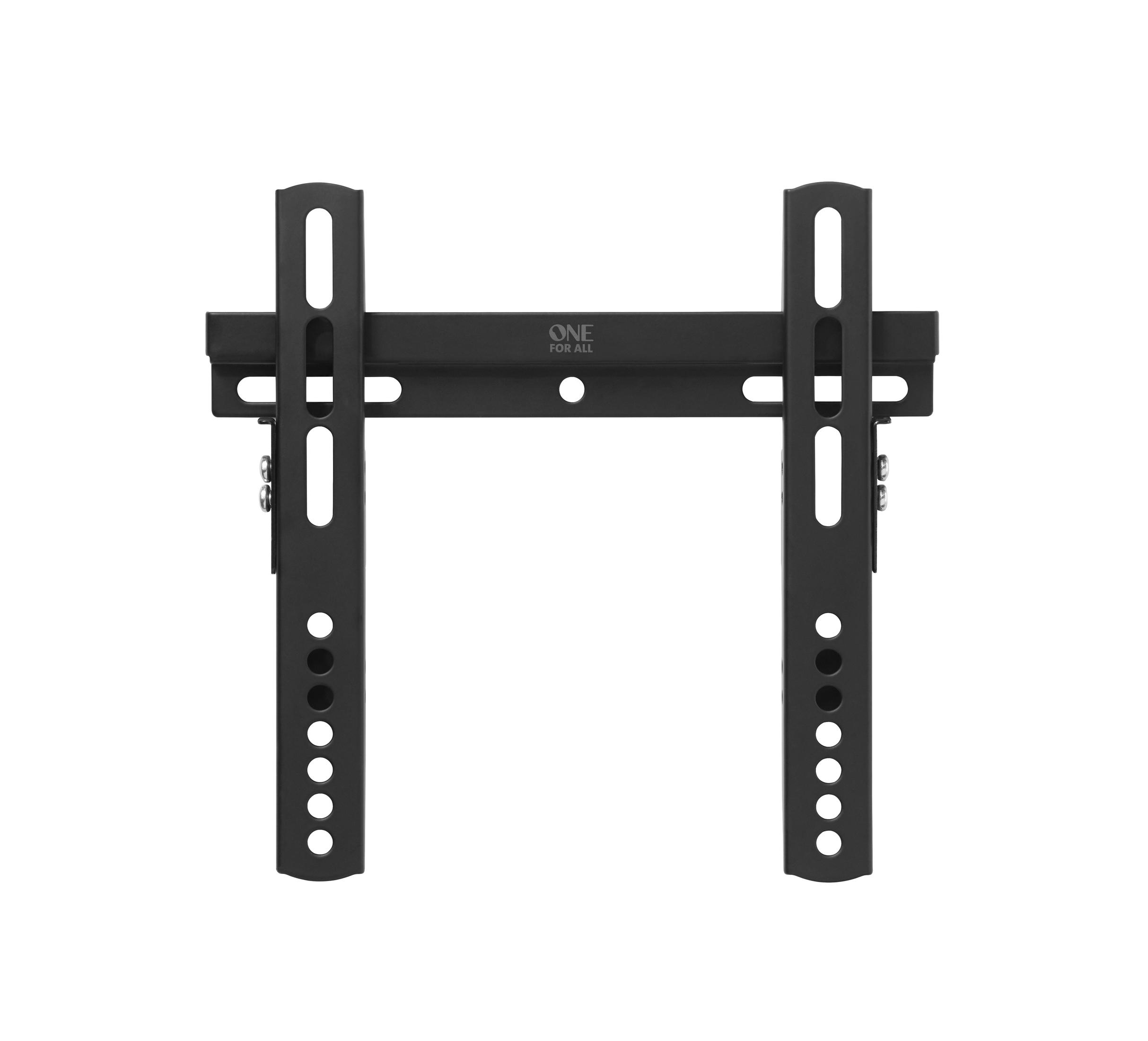 Eine schwarze TV-Wandhalterung. Es hat zwei vertikale Stangen mit verstellbaren Löchern und den Markennamen.
