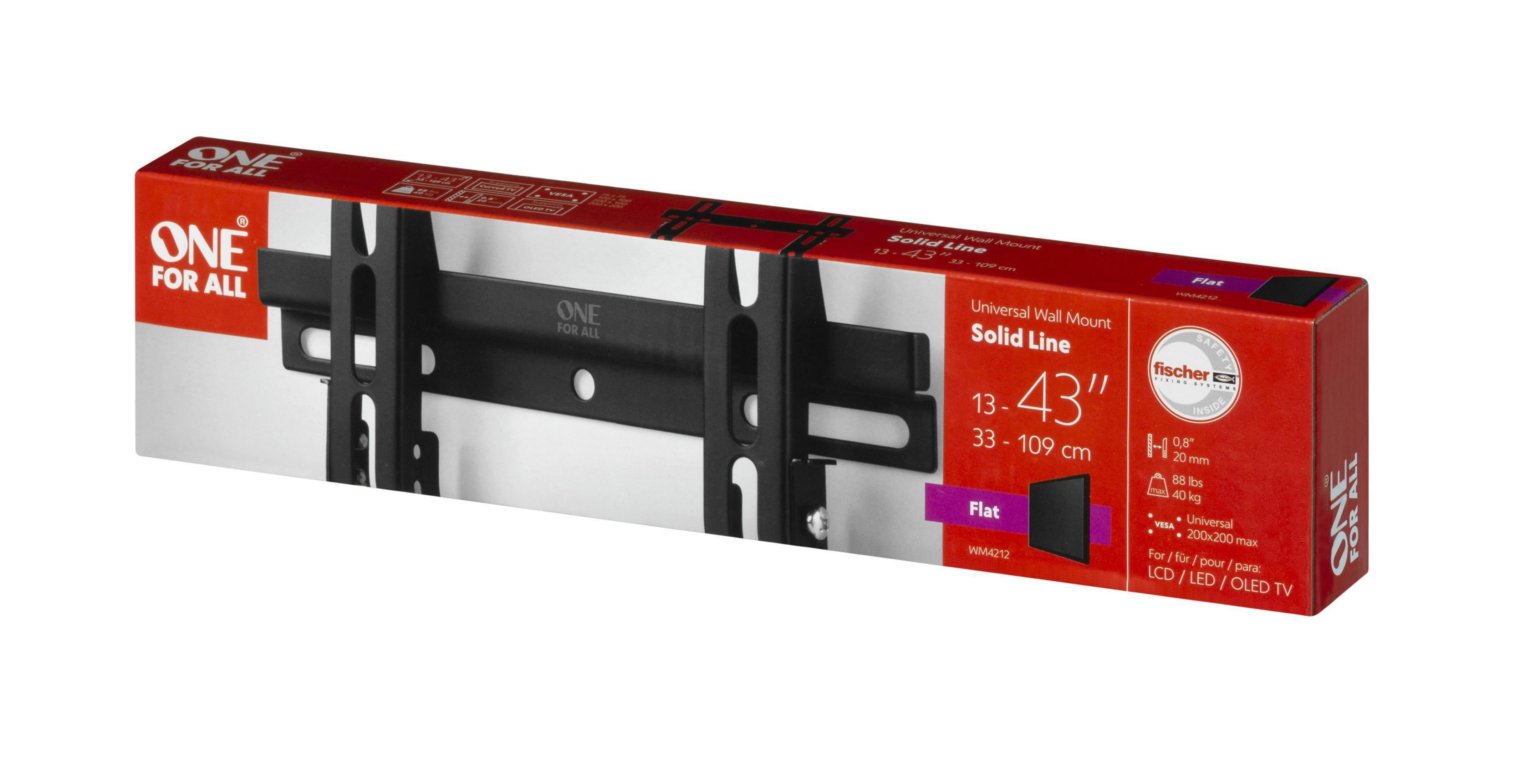 Eine rot-schwarze Box mit einer universellen Wandhalterung für einen Fernseher. Text: 'ONE FOR ALL' und Produktdetails.