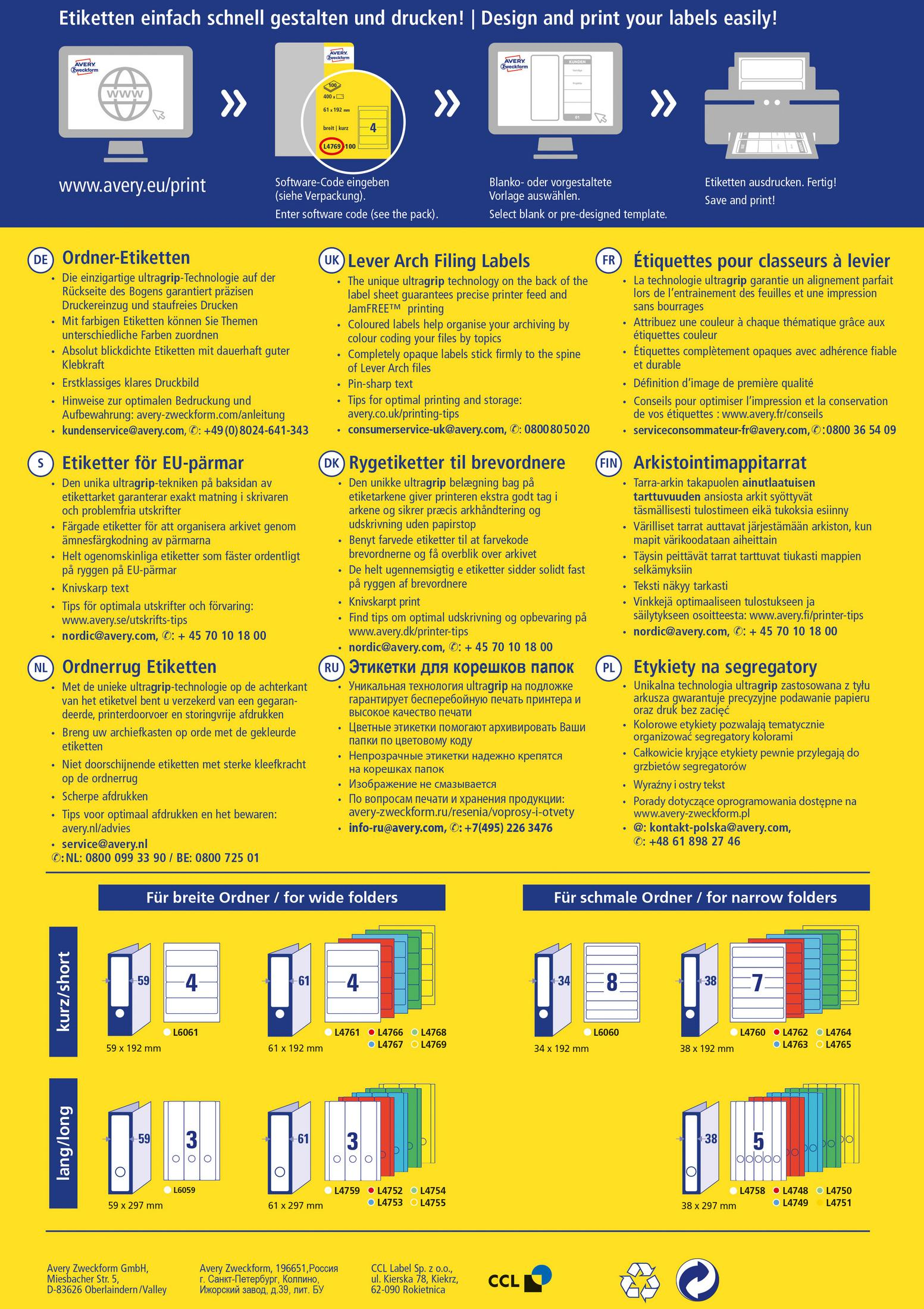 Flyer mit Etiketten zur Organisation. Text in mehreren Sprachen. Farbcodierte Etiketten.