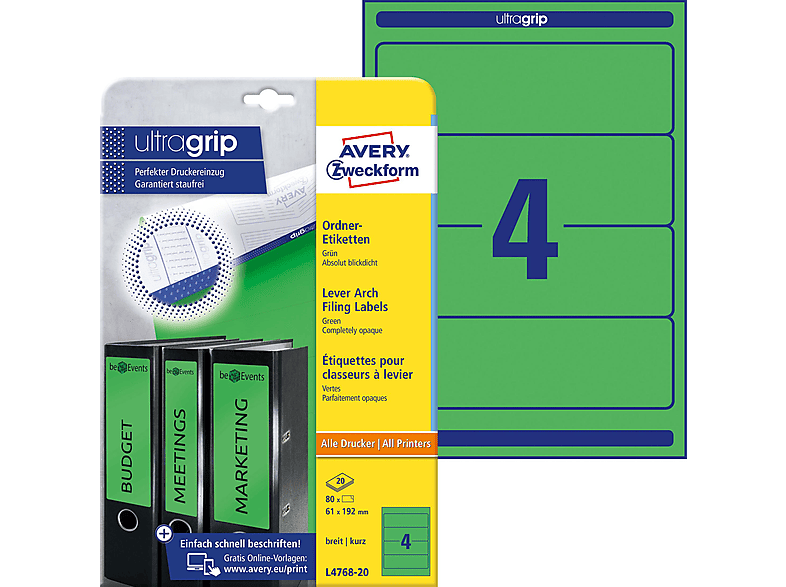 AVERY ZWECKFORM L4768-20 x / x 61 61 Bogen A4 20 192 mm ILK mm Ordneretiketten 192 mm ETIKETT ORDNER 80 GRÜN Etiketten 192X61MM