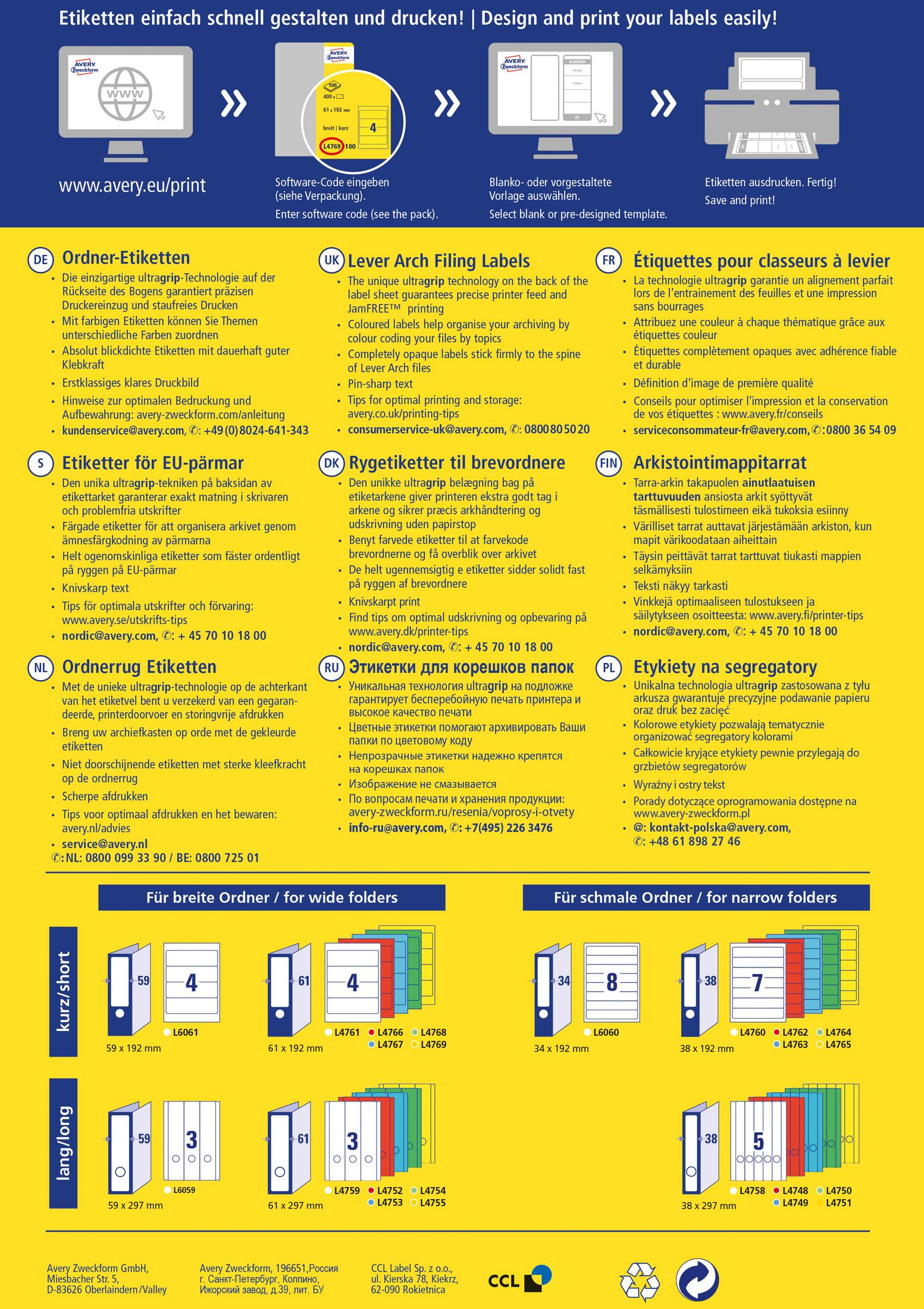 Avery-Etikettenpapier mit Text in mehreren Sprachen und Grafiken, mit weißem Hintergrund.