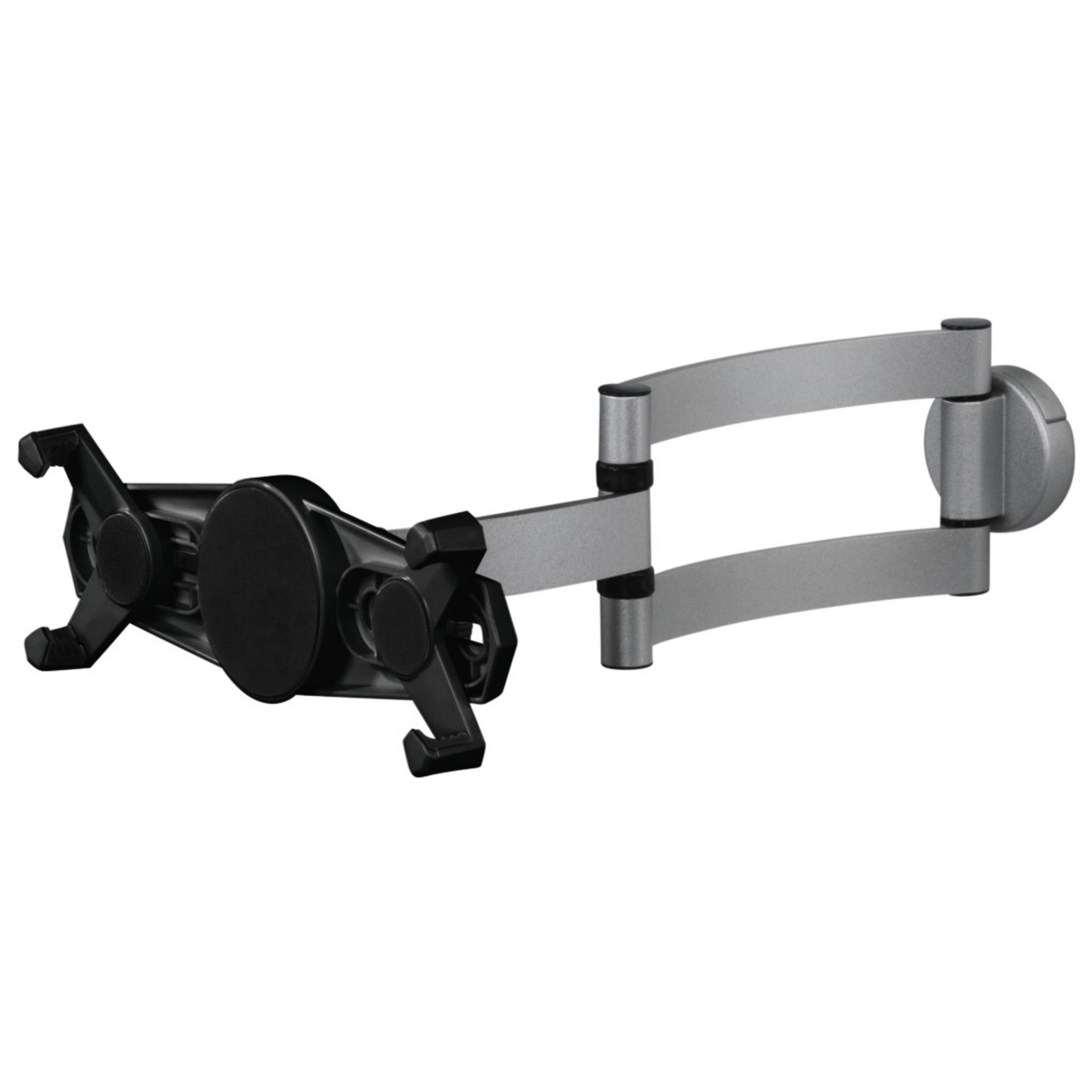 Eine silberne Tablethalterung an der Wand befestigt. Der Halter hat einen schwarzen Griff für ein Tablet.