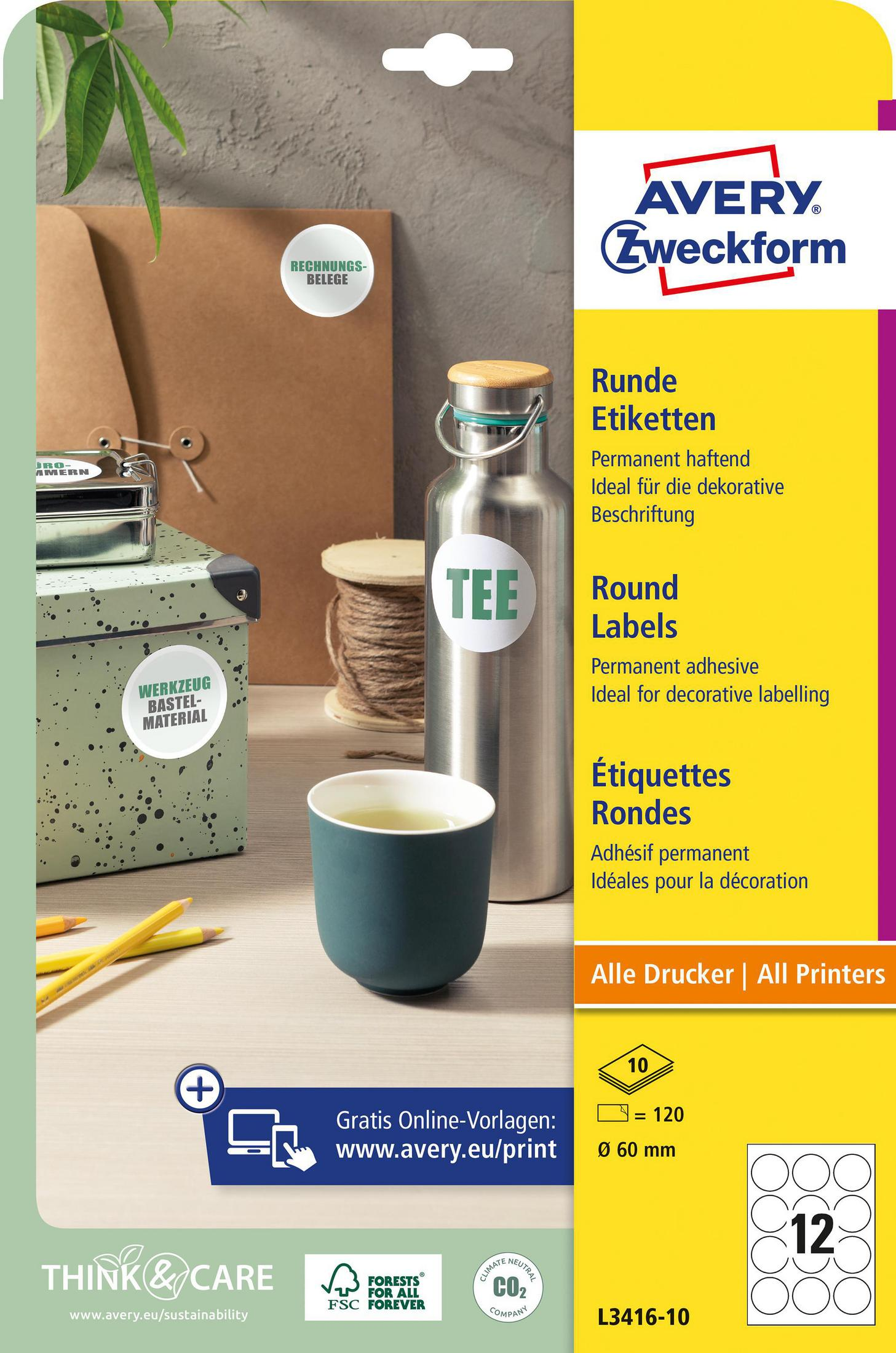 Avery Zweckform Etikettenbogen mit runden Etiketten, Flasche, Tasse und Box auf Tisch.