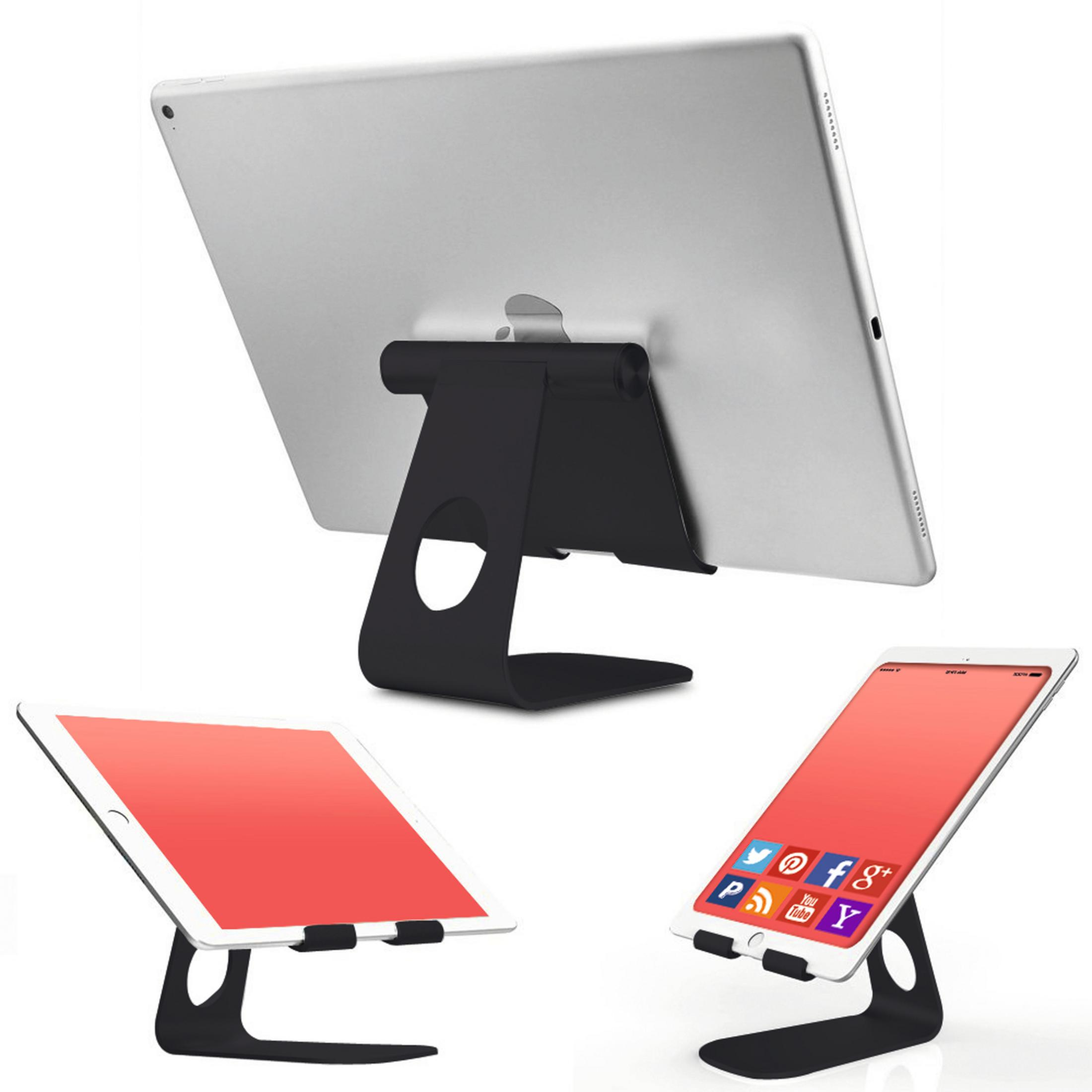 Mehrere Ansichten von schwarzen Tablet-Ständern, die Tablets mit verschiedenfarbigen Bildschirmen halten.