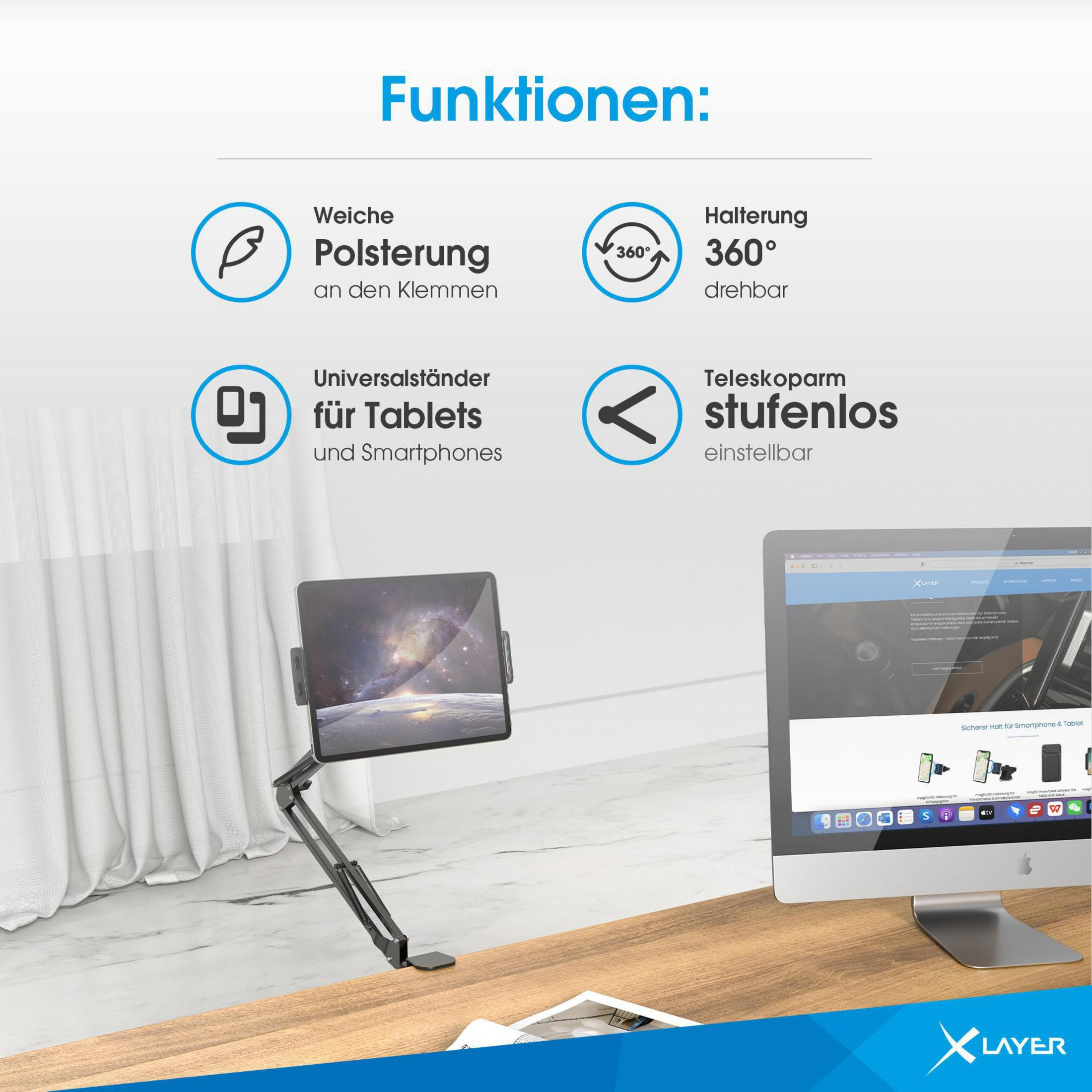 Ein Tablet und sein Ständer. Der Ständer ist schwarz und unterstützt das Tablet. Beschreibungen seiner Funktionen werden angezeigt.