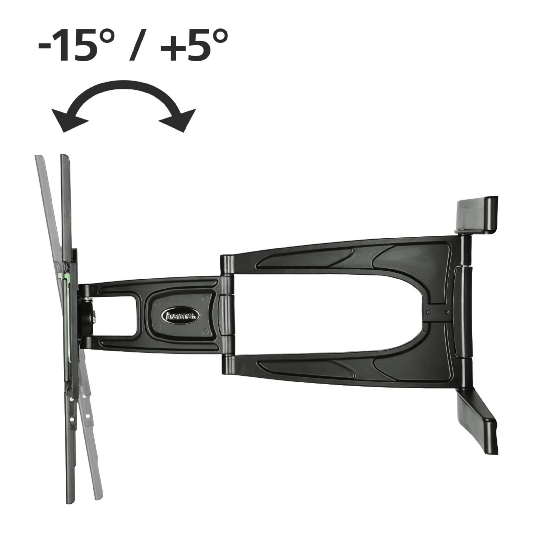 Schwarze TV-Halterung mit Pfeilen, die den Neigungsbereich von -15 bis +5 Grad anzeigen, isoliert auf Weiß.