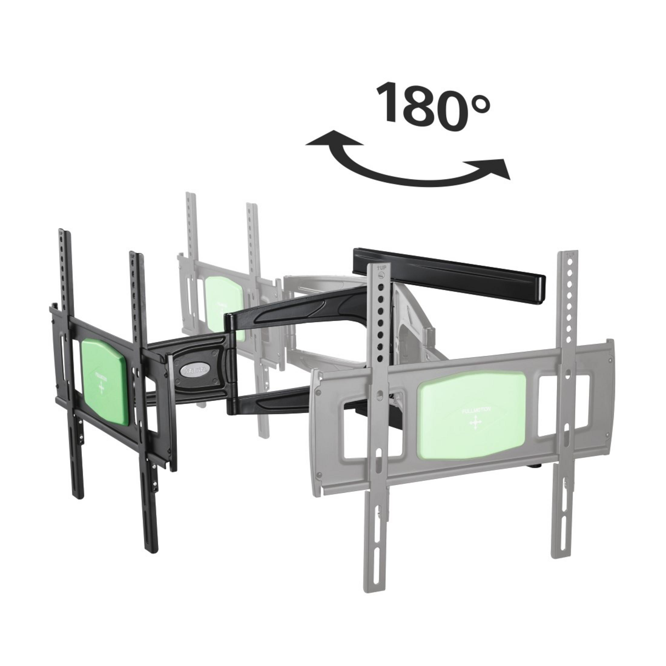Ein Fernseher wird mit einer Halterung an der Wand befestigt, Pfeile zeigen 180° Drehung.