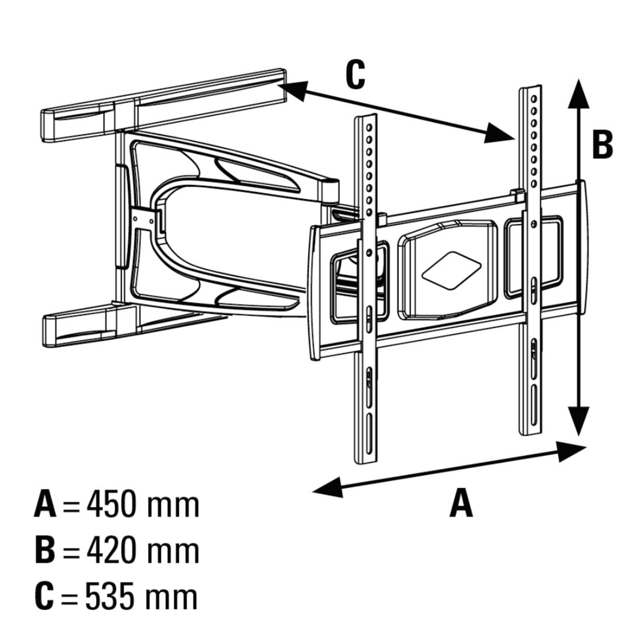 TV-Halterung mit den Maßen A=450 mm, B=420 mm, C=535 mm. Schwarzes Metall mit Maßangaben. Weißer Hintergrund.