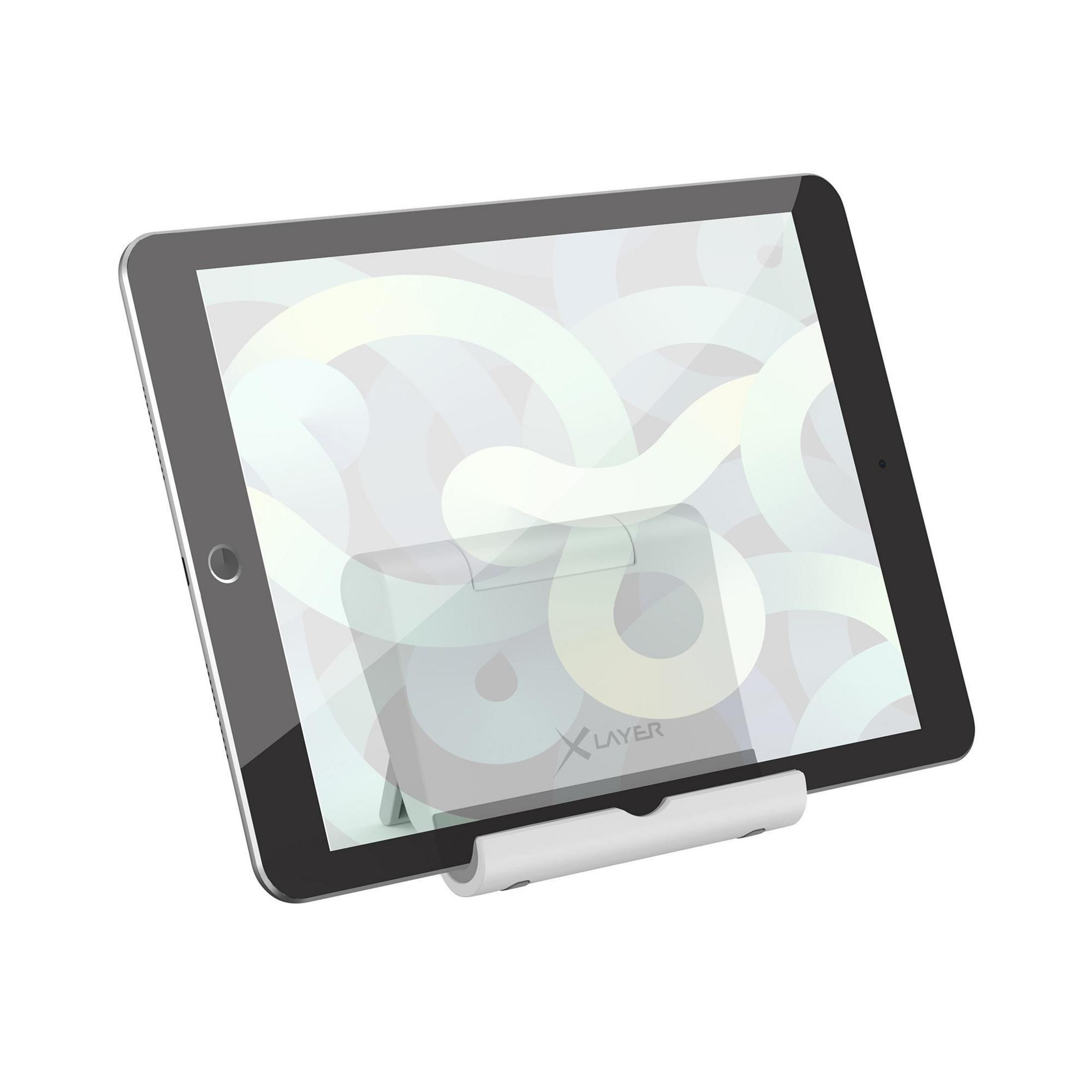 Schwarzes Tablet in einem weißen Ständer, Bildschirm zeigt helles abstraktes Design.