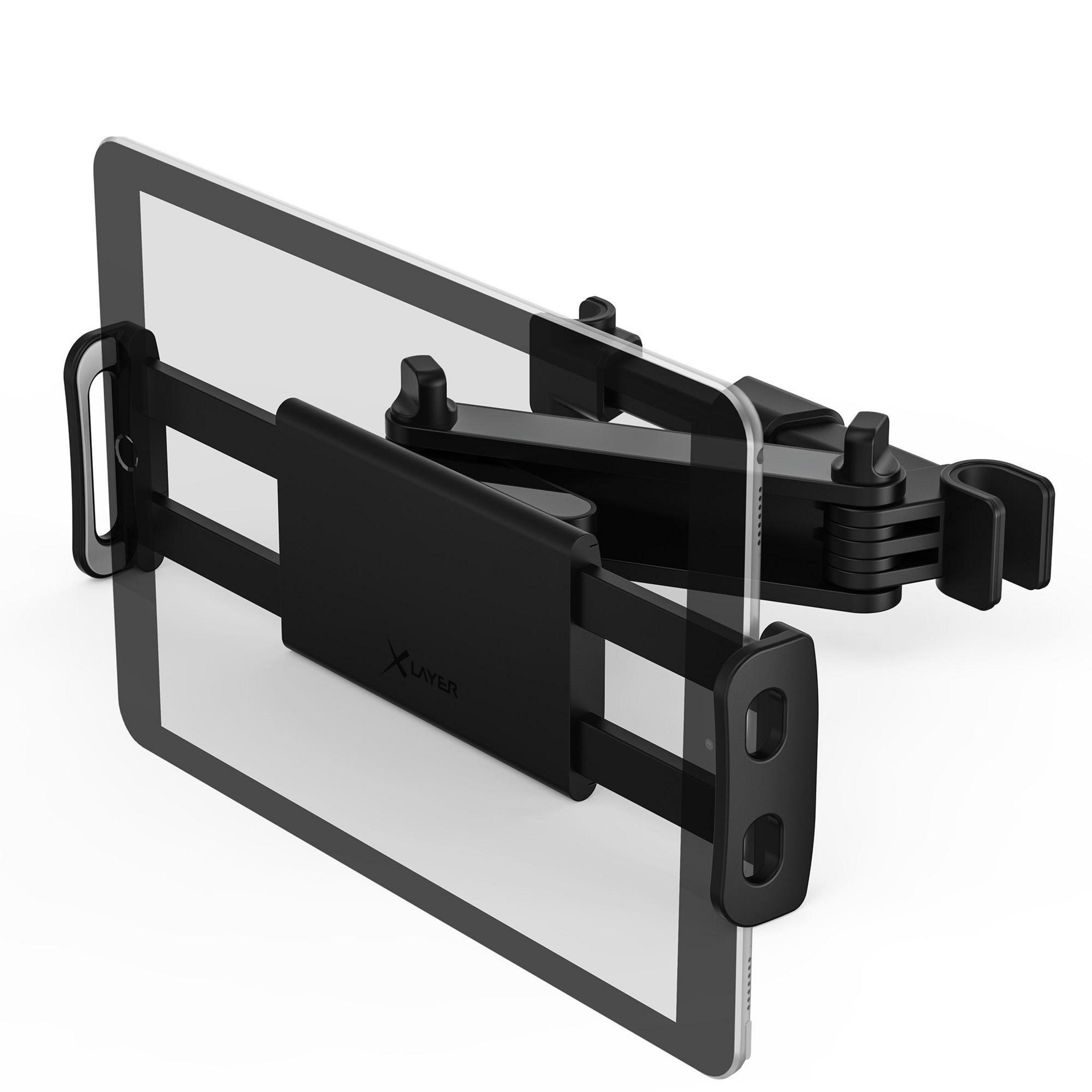 Schwarzer Tablethalter mit einem Tablet darin, isoliert auf weißem Hintergrund.