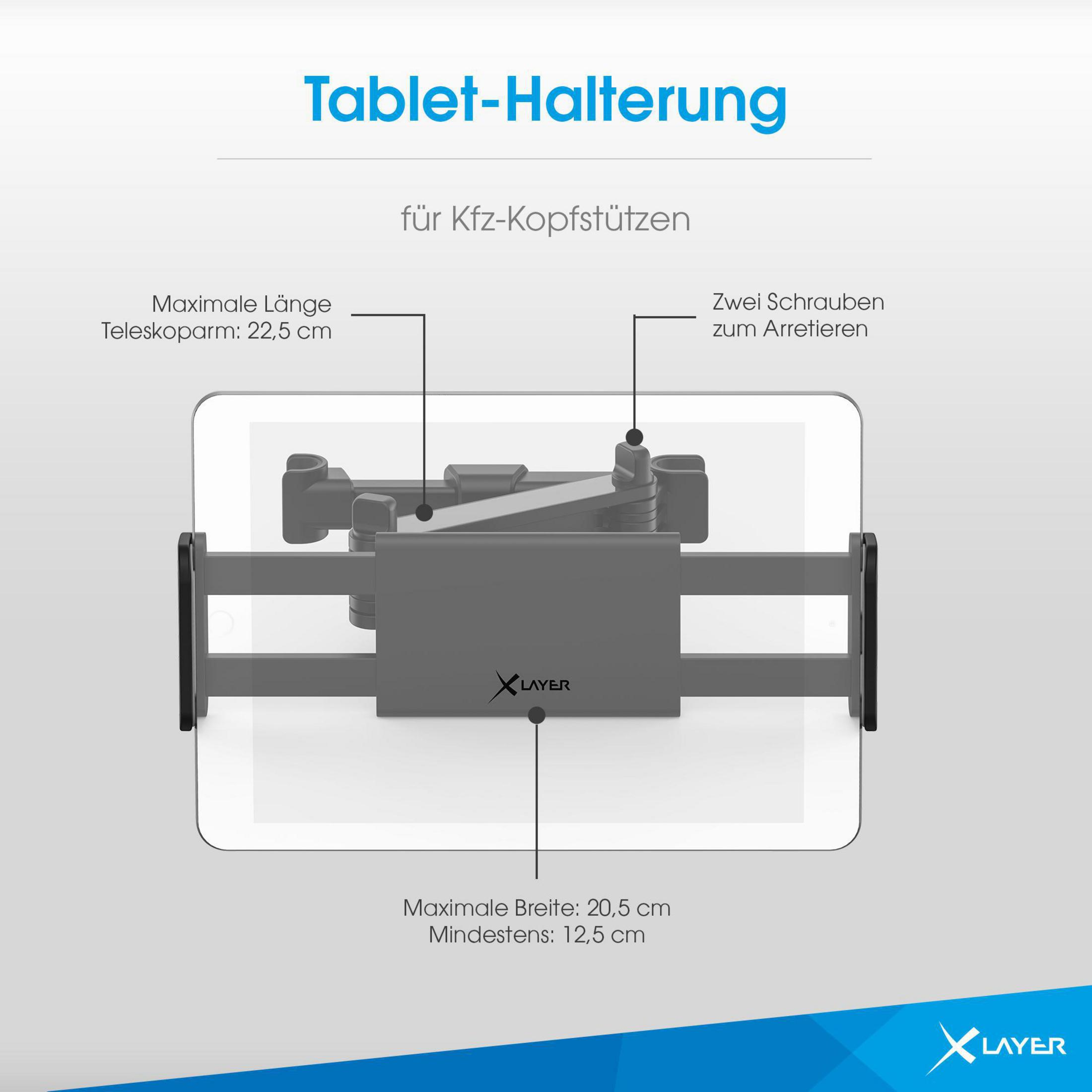 Tablethalterung für Kfz-Kopfstützen. Zeigt Maße und ein Layer-Logo.
