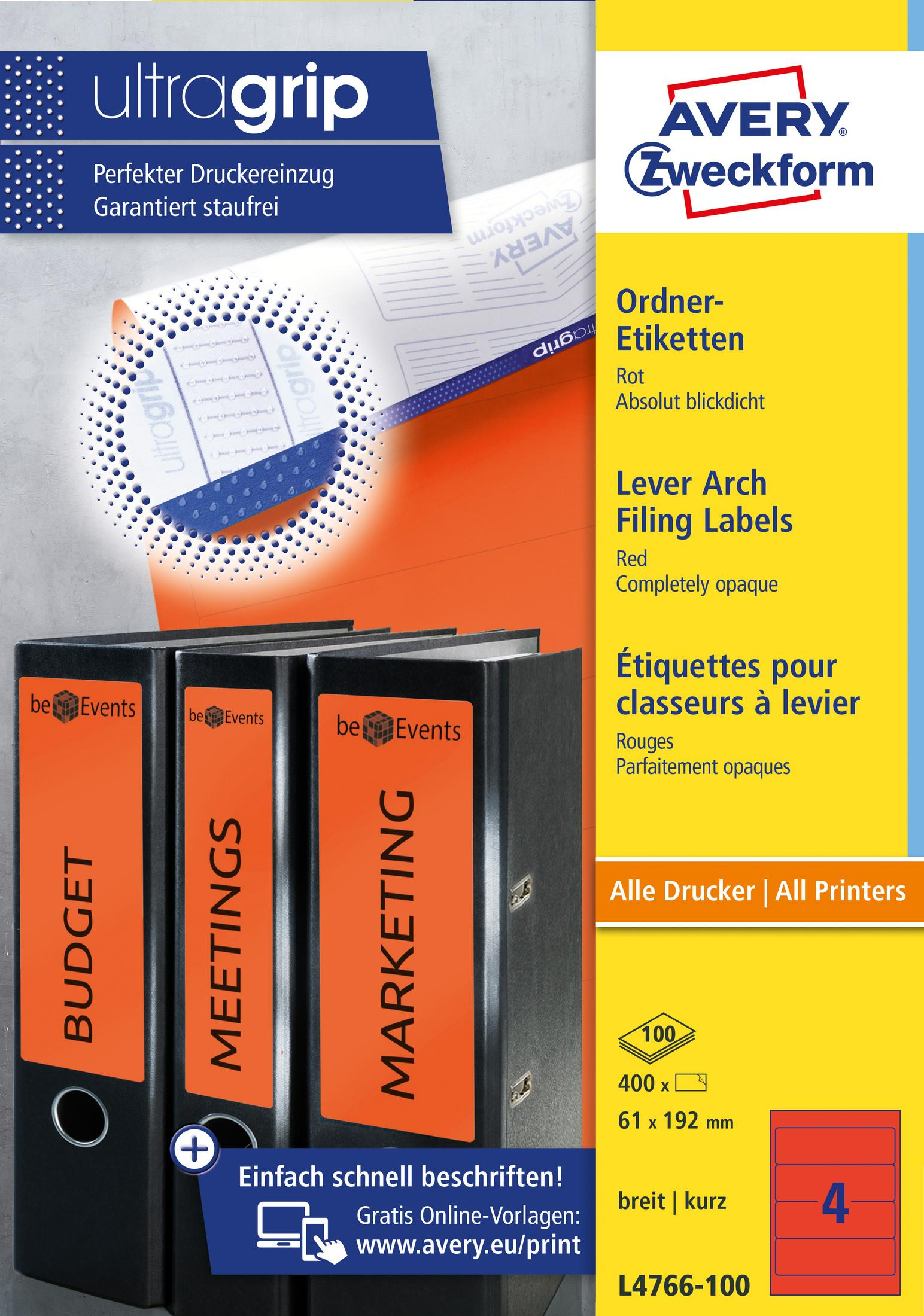 Bürobedarf: orangefarbene und schwarze Ordneretiketten und -ordner. Texte auf Deutsch und Englisch.