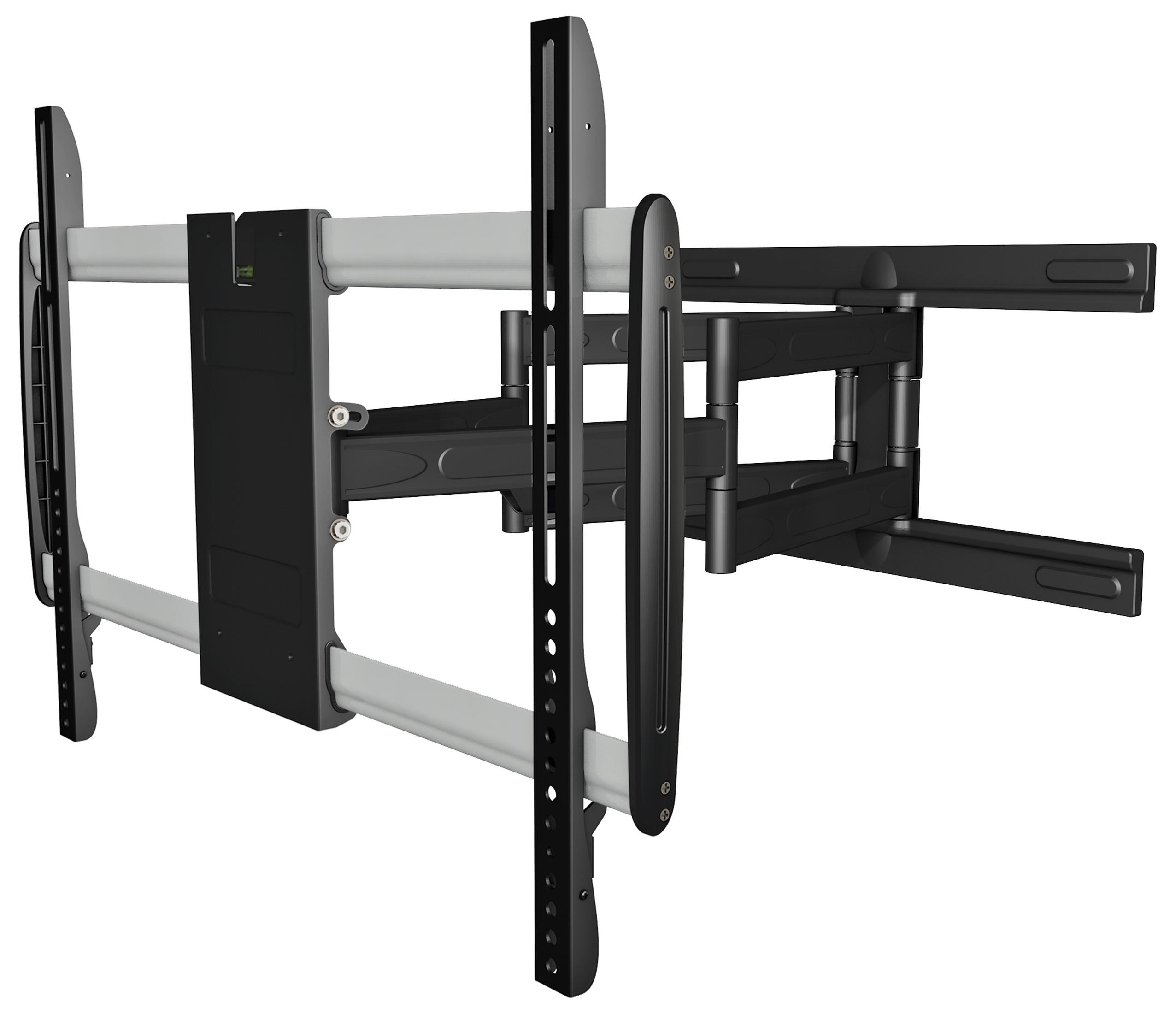Soporte de pared para TV negro y plateado con múltiples brazos ajustables y puntos de montaje.