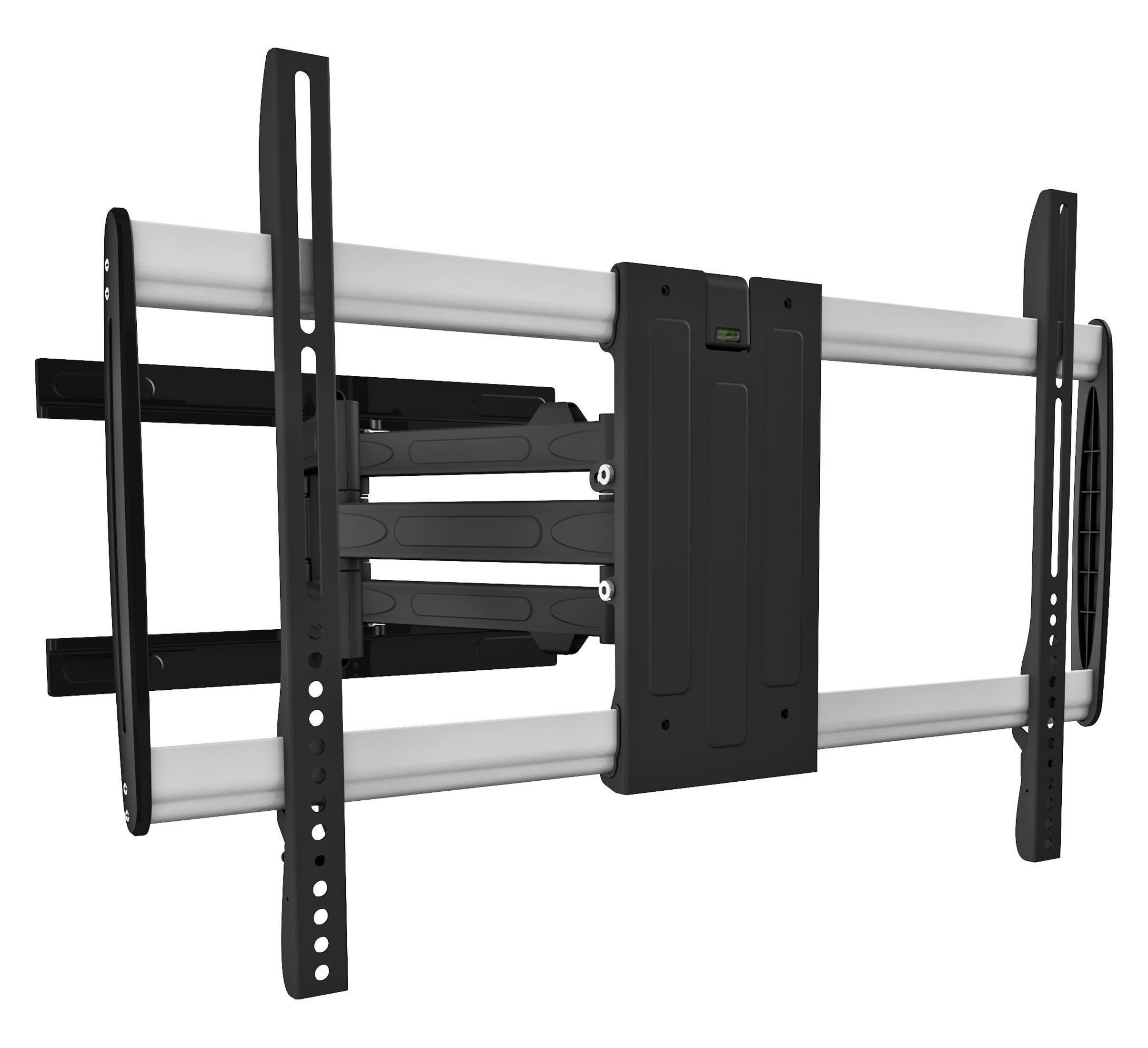 Soporte de TV negro y plateado. El soporte está sobre un fondo blanco.