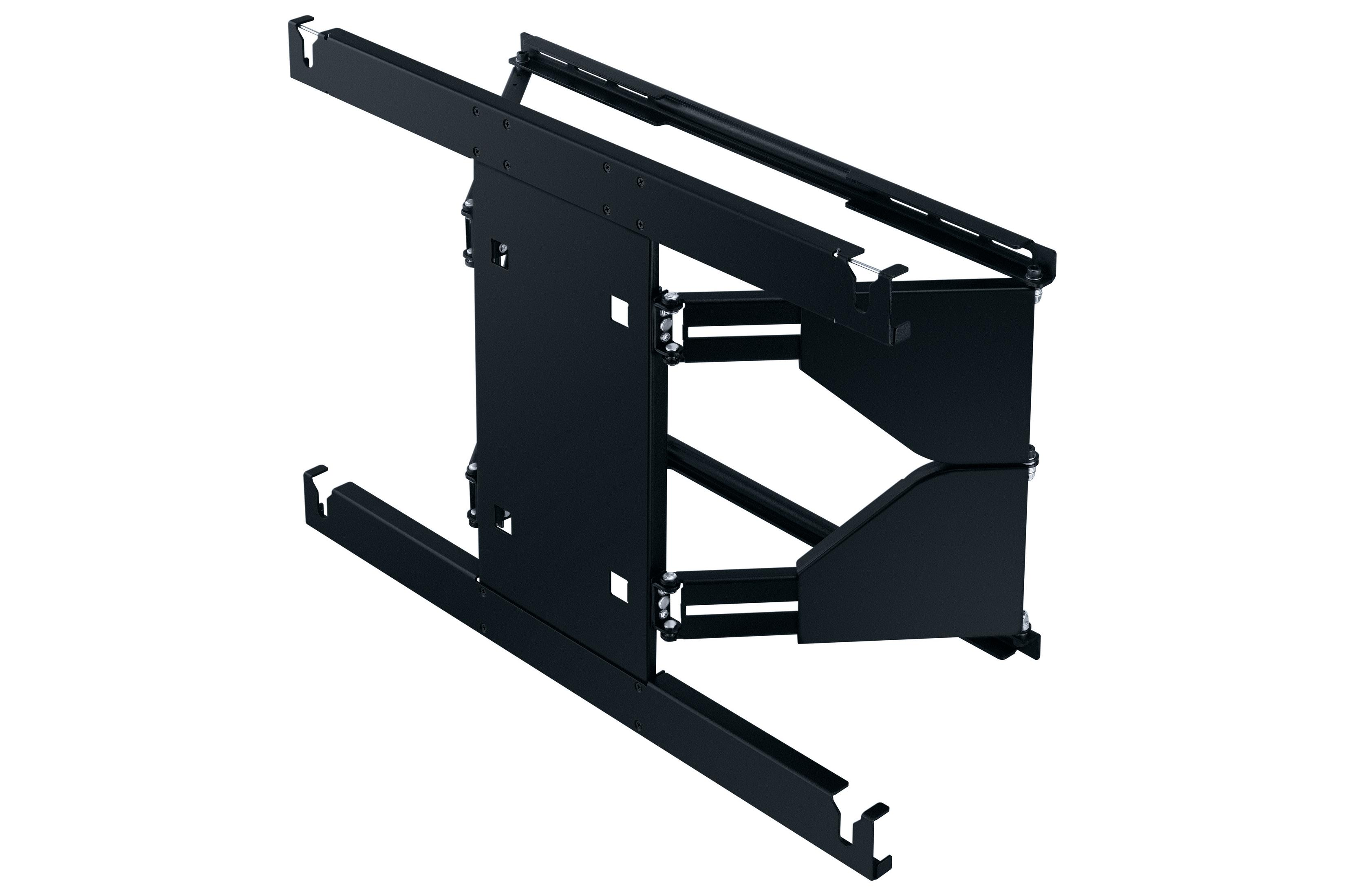Un système de support noir pour le montage, avec de multiples points de fixation.