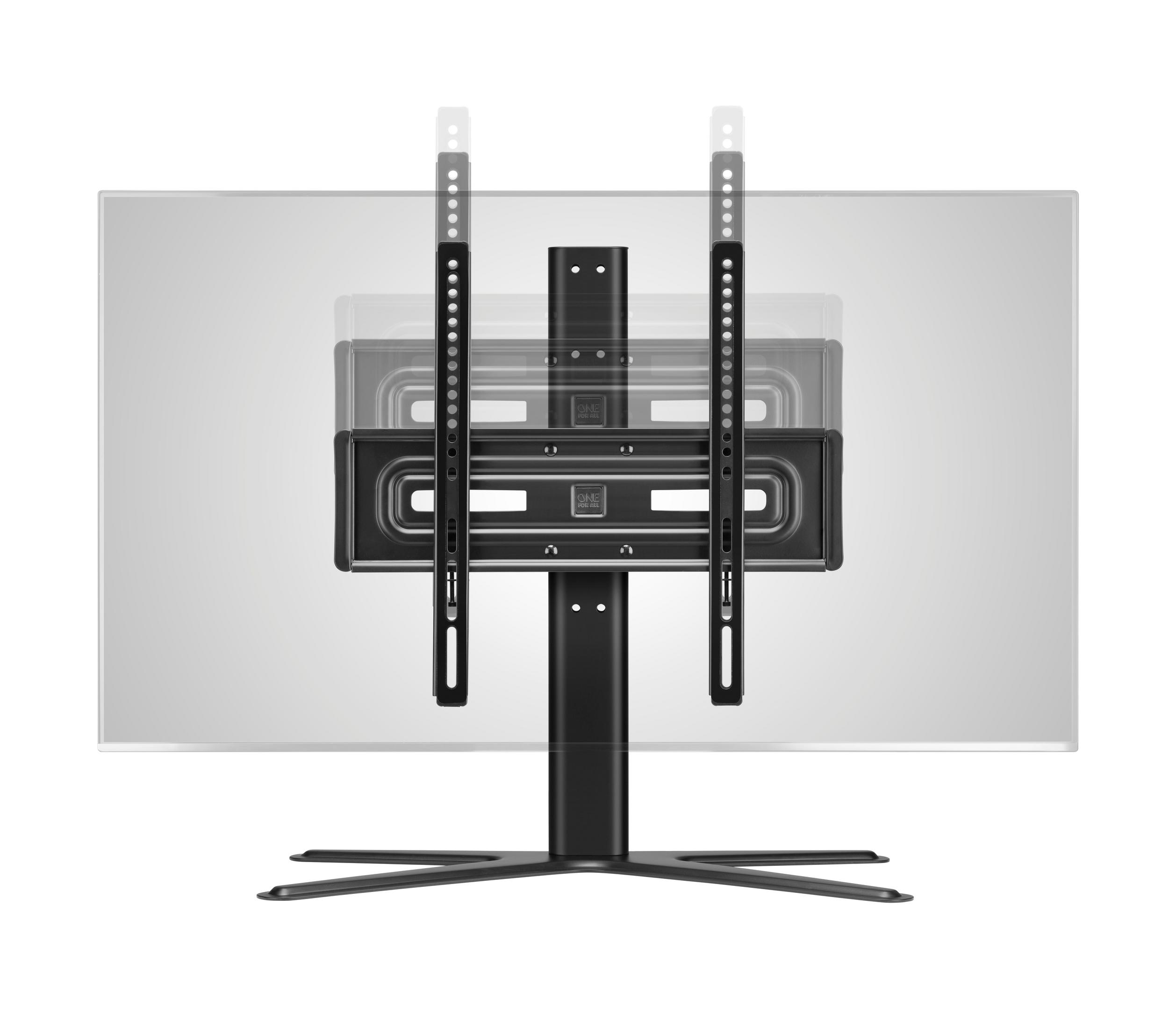 Schwarzer TV-Ständer mit transparentem TV-Umriss. Er hat einen schwarzen Sockel und verstellbare Halterungen.