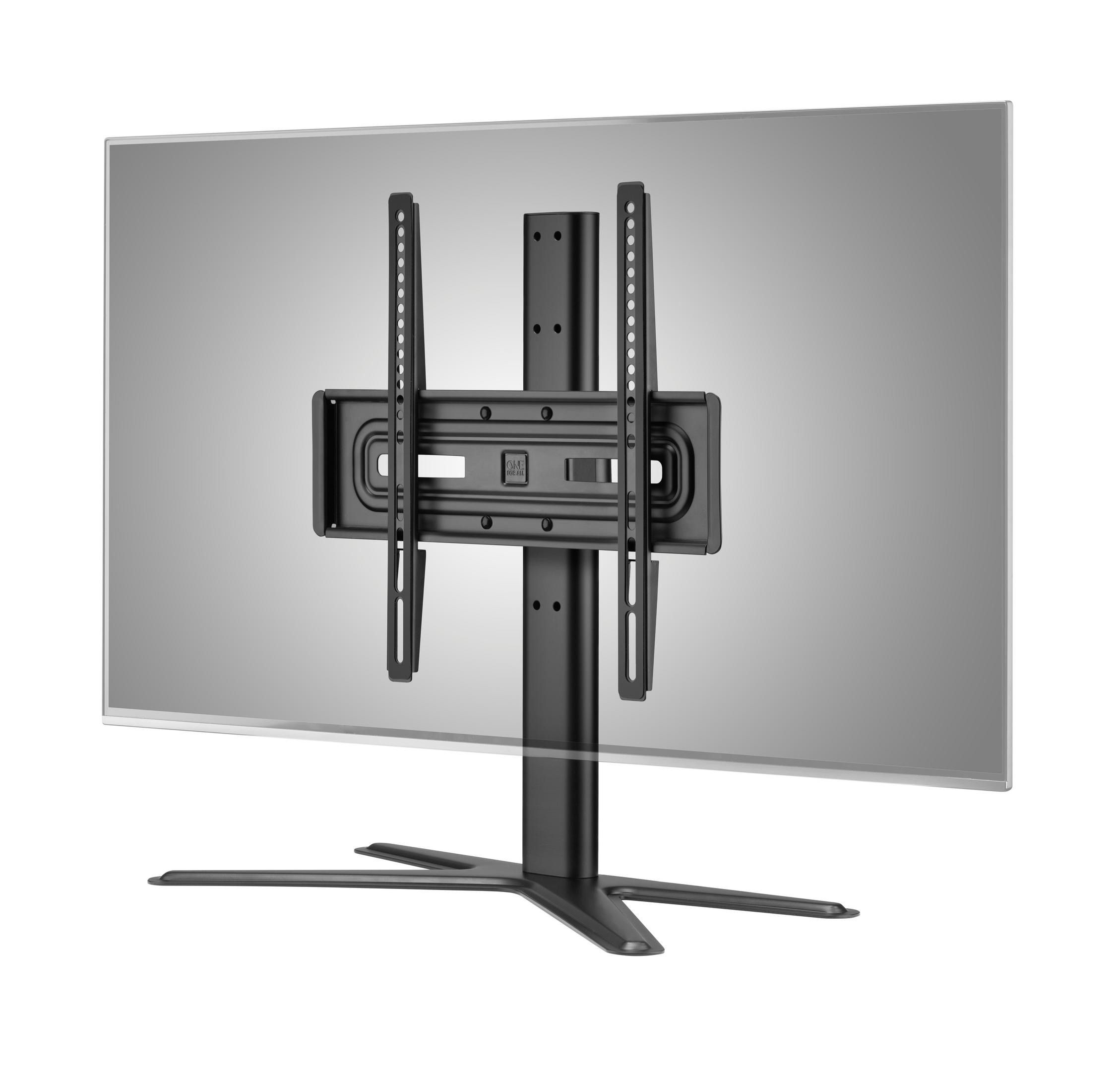 Ein schwarzer TV-Ständer mit TV-Halterung und Standfuß, auf grauem Hintergrund.