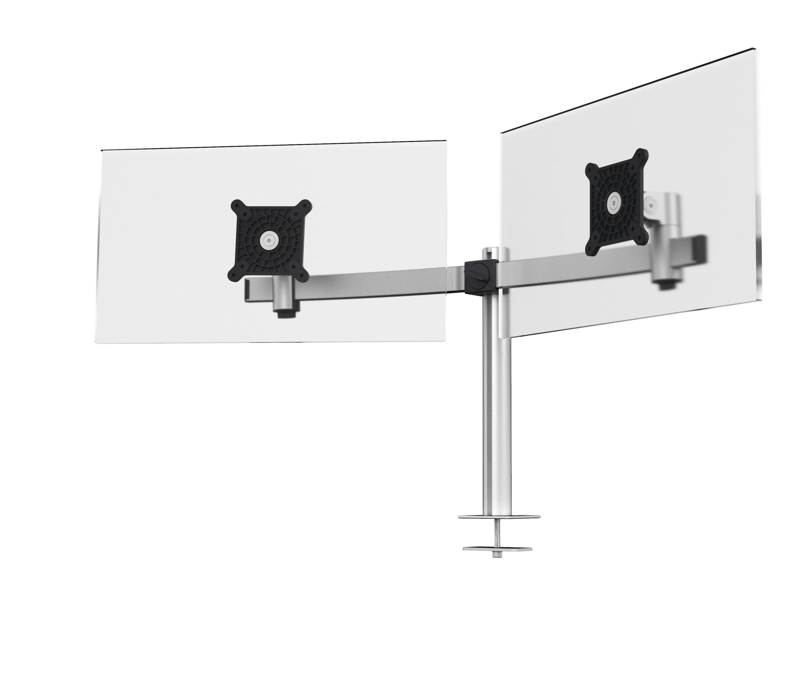 Zwei Computermonitore, die an einem Arm montiert sind, vor weißem Hintergrund. Die Bildschirme sind leer.