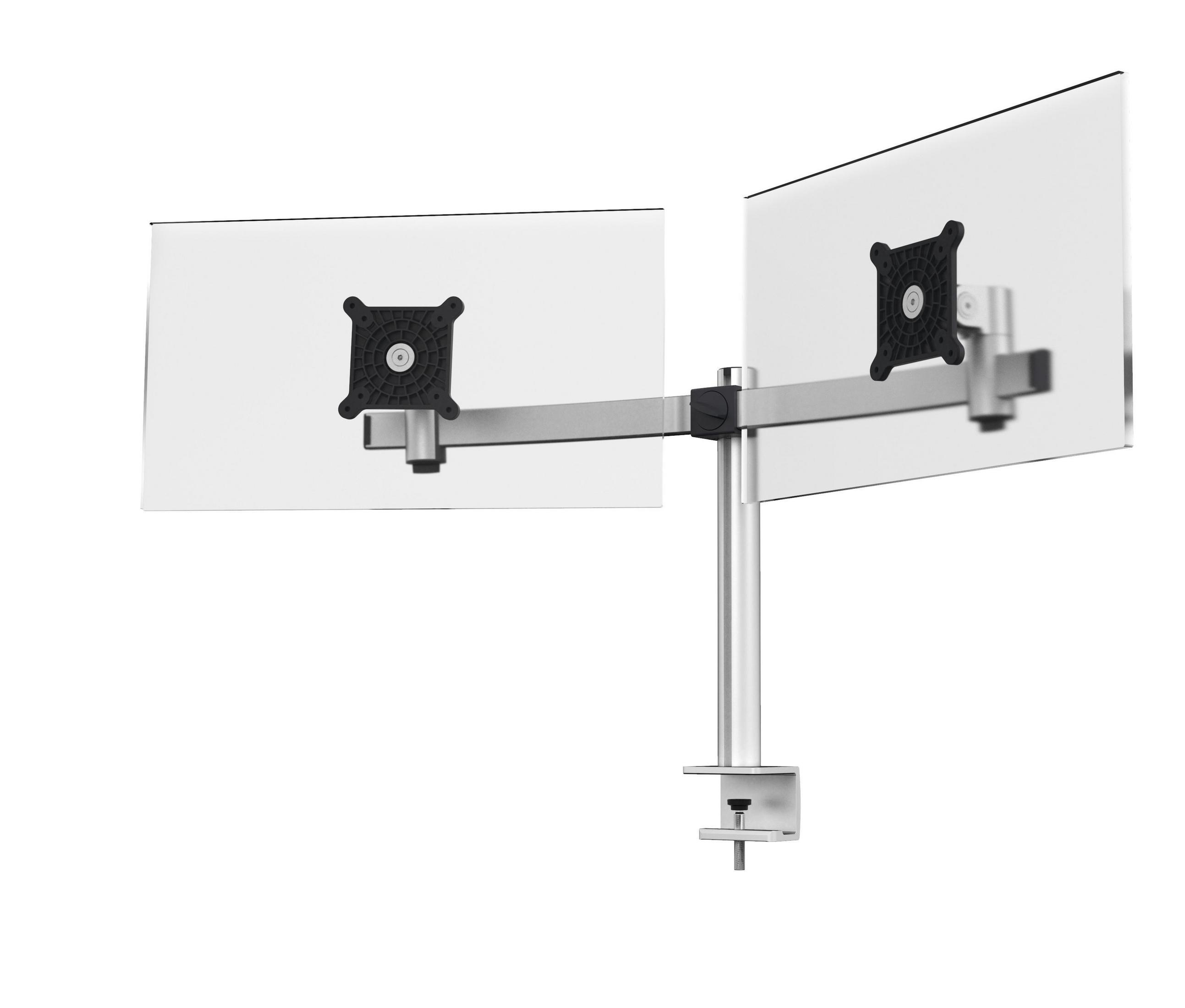 Monitorhalterung für zwei Bildschirme, graues Metall, weißer Hintergrund.
